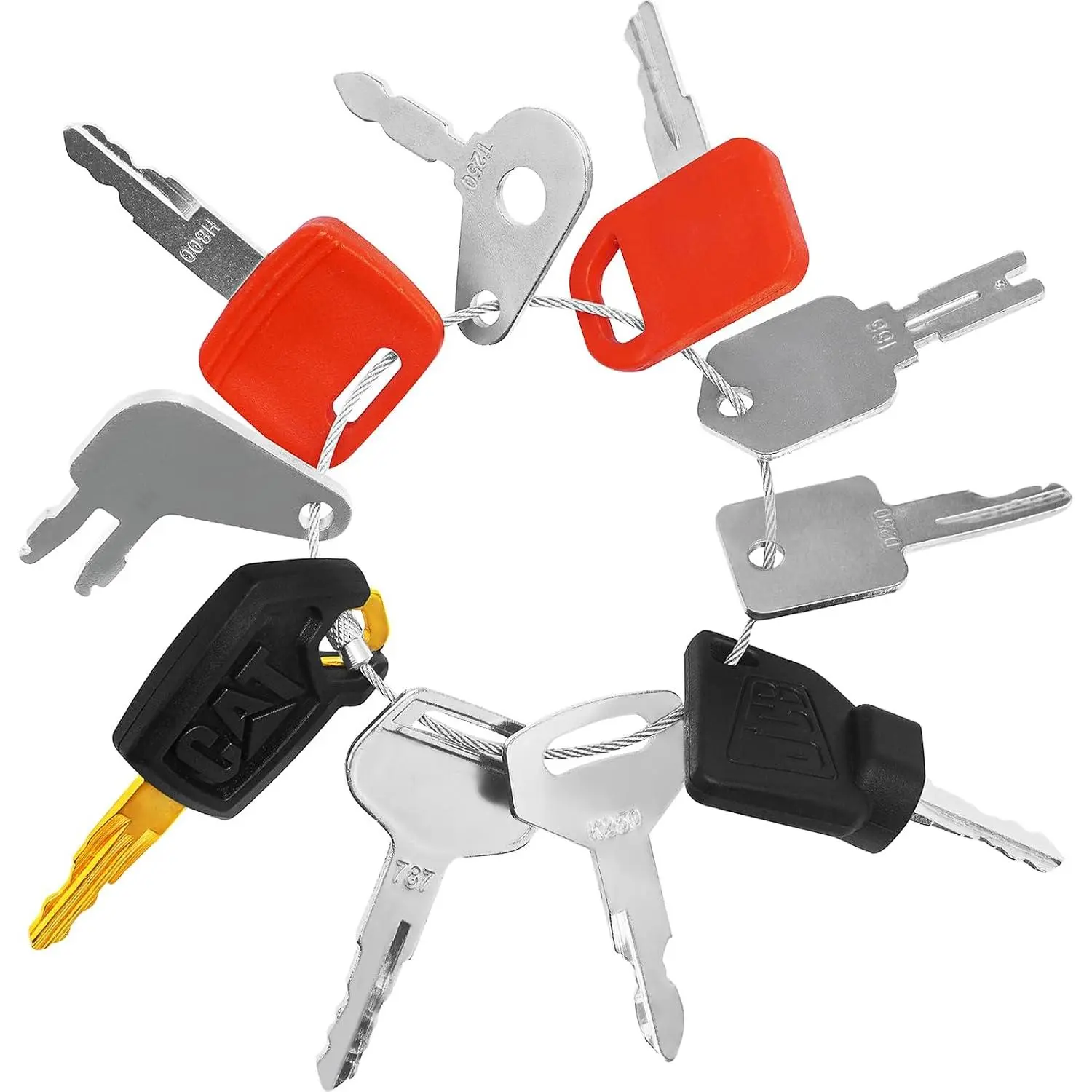 10-Piece Steel Construction Equipment Ignition Keys Set with Sturdy Ring, Easy Add/Remove Multi-Model Keys for Ignition Locks, Fits Cat, Case, JD, Kubota, Komatsu, Hyster, Yanmar, Daewoo, Takeuchi, Ford, New Holland, Volvo, JCB
