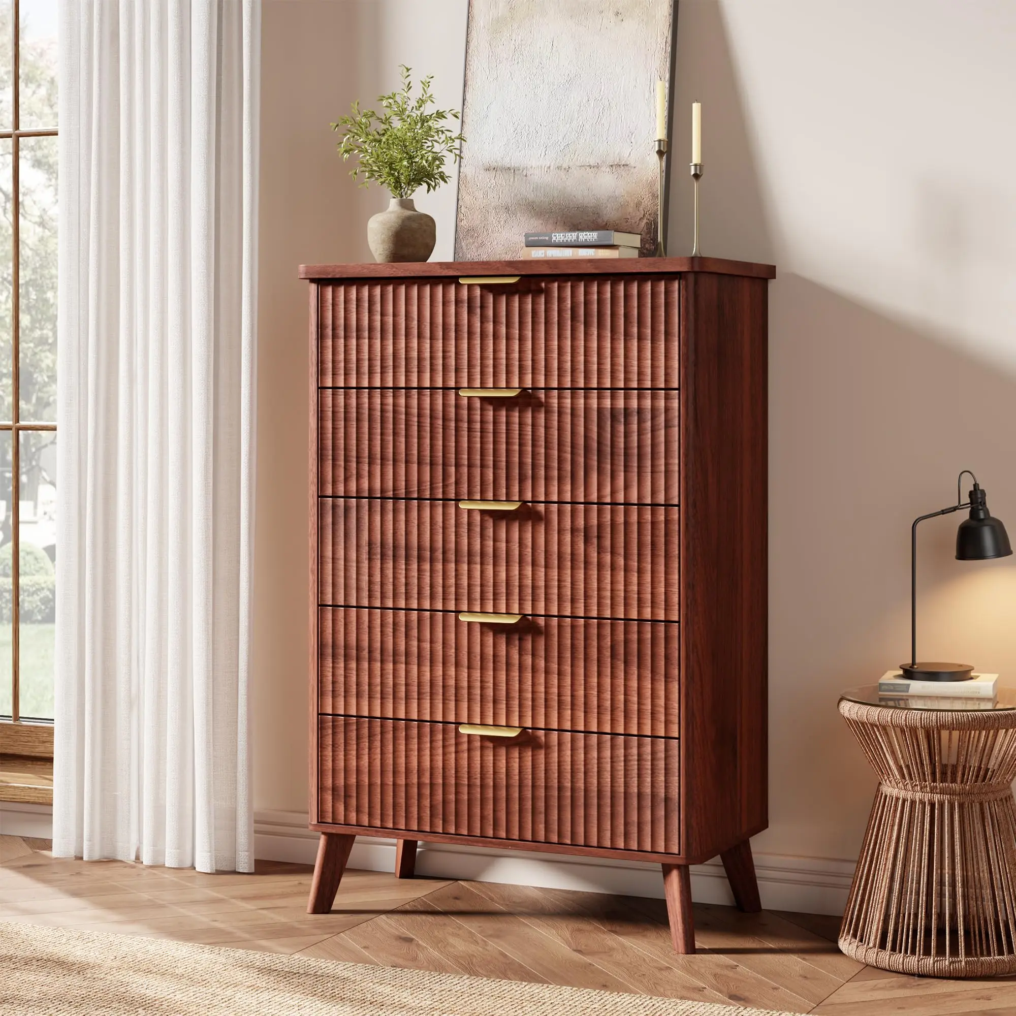 Garvee Modern Fluted Wooden Dresser with 5 Deep Drawers, 47.2 in Tall Chest of Drawers, Curved Profile Design, Ideal for Bedroom, Living Room, Hallway, and More, Walnut Finish