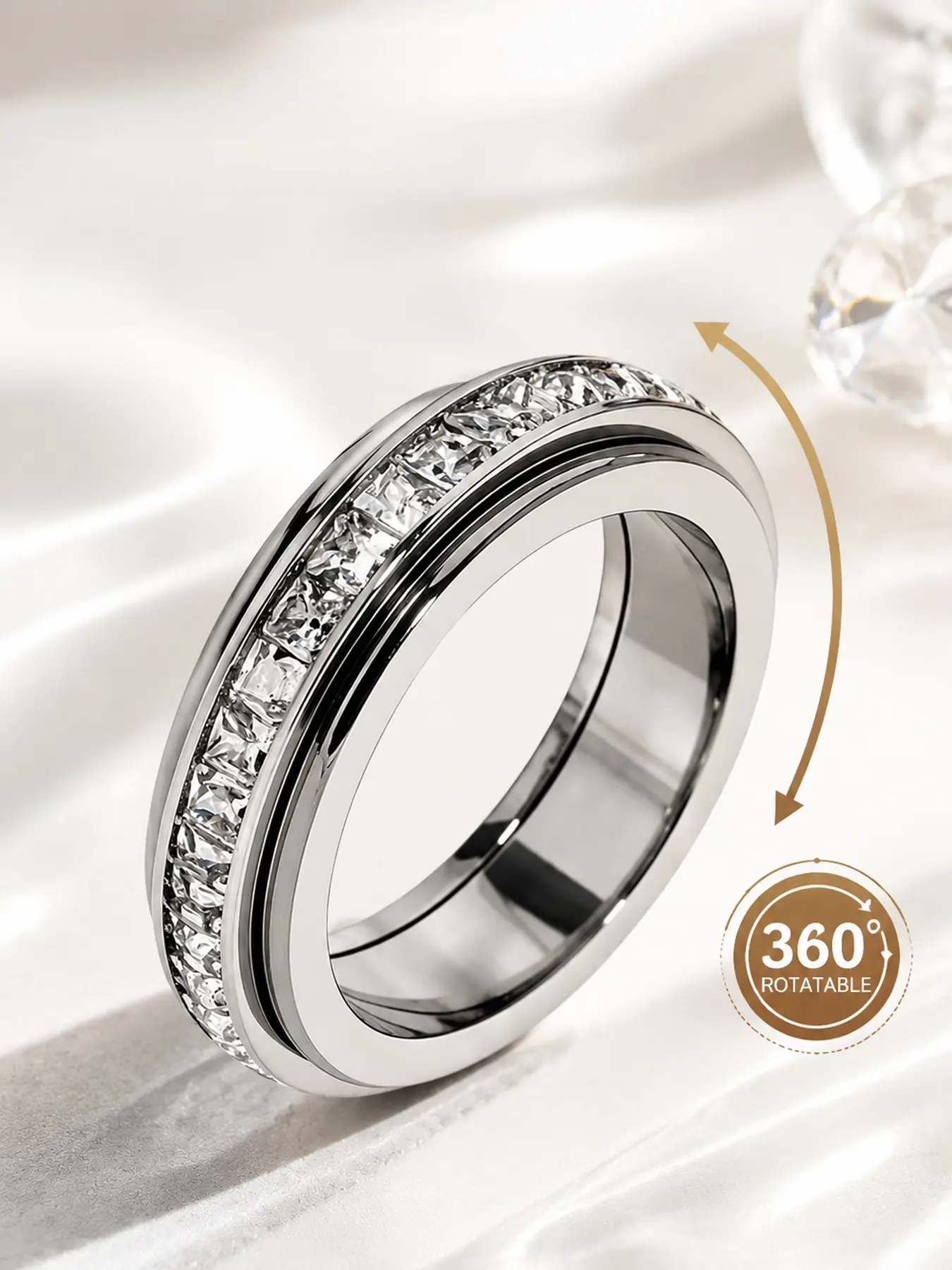 360-Degree Rotating Stainless Steel Spinner Ring with Sparkling Stones, Fidget Band for Men and Women, Stylish Everyday Statement Jewelry Gift