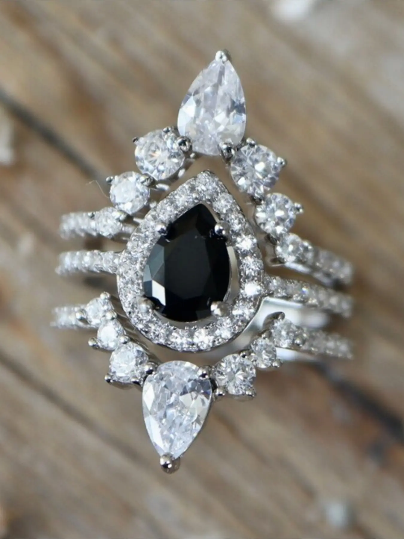 Gothic Pear Black CZ Engagement Ring Set, 3 in 1 Stackable Halo Rings, Sparkly Statement Jewelry for Wedding Party