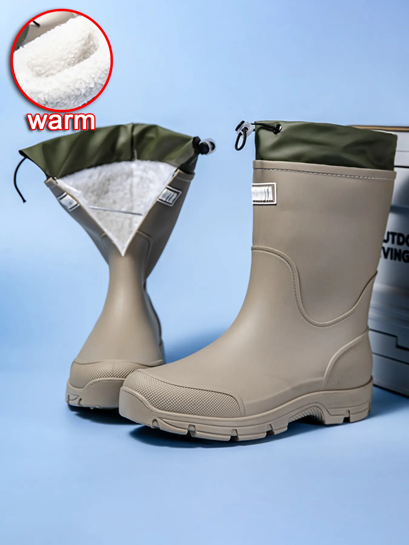 2026 New Couple Fleece Lined Mid-Calf Rain Boots, Workwear Drawstring Lock Design, Waterproof Durable, Multi-Color, Comfortable for Outdoor Activities, Rain Shoes