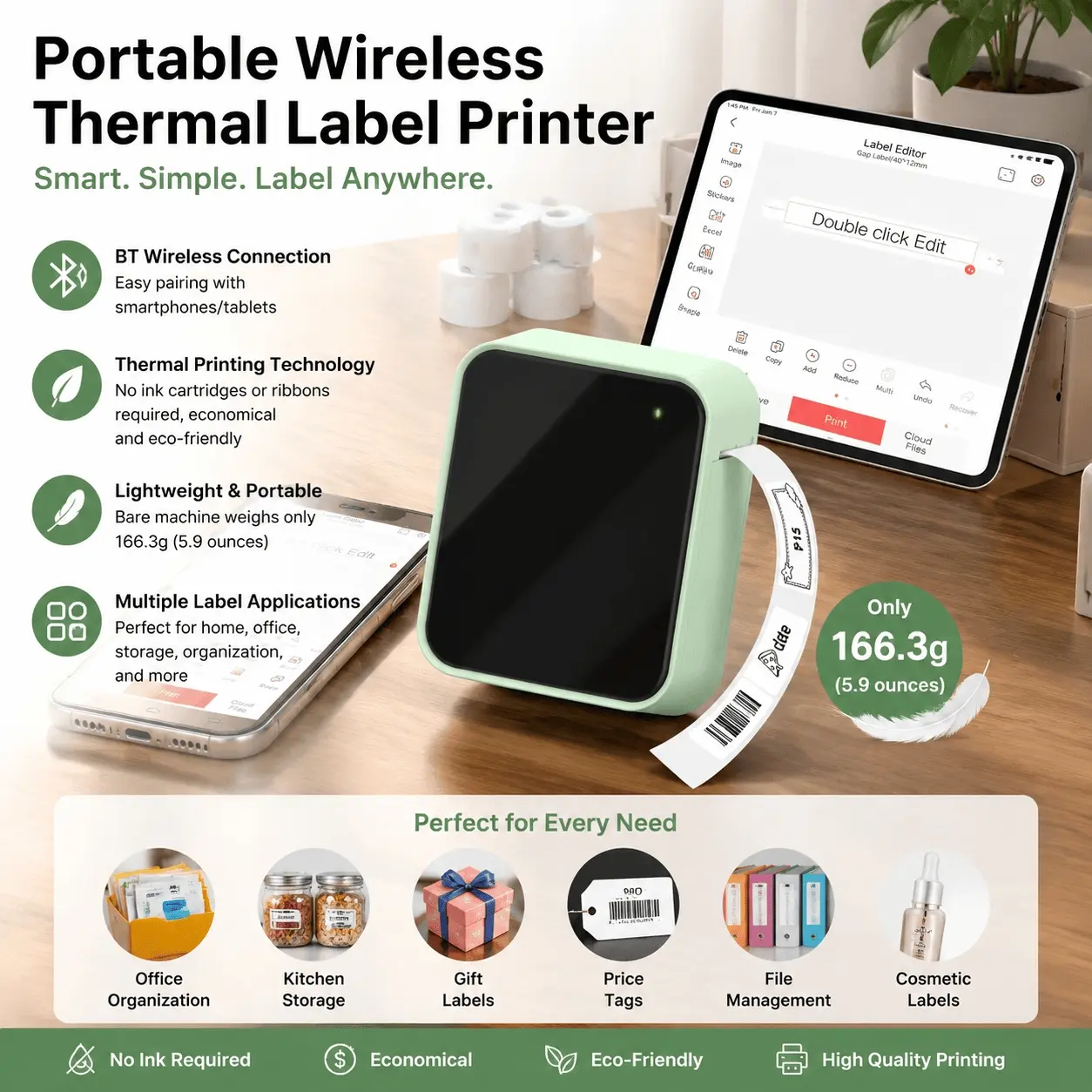 Mini Bluetooth Label Maker, Portable Wireless Sticker Printer with USB Rechargeable, HD Clear Durable Labels, Multiple Fonts, Pocket-Sized for Home Office Organizing, Cable ID, File Tags, Gift Idea