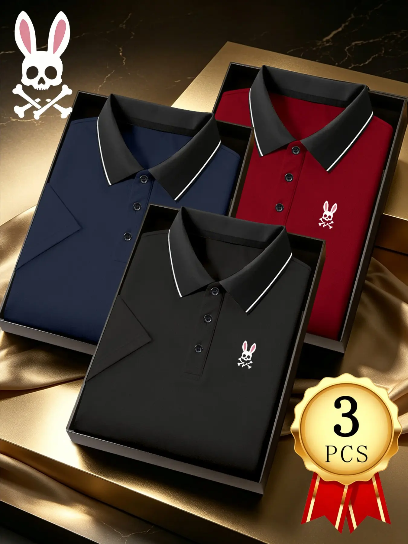 Men's Quick-Dry Polo Shirts, Geometric Skull Rabbit Print, Breathable Sporty Fit, All-Season Lightweight Top, High-Quality Stretch Fabric