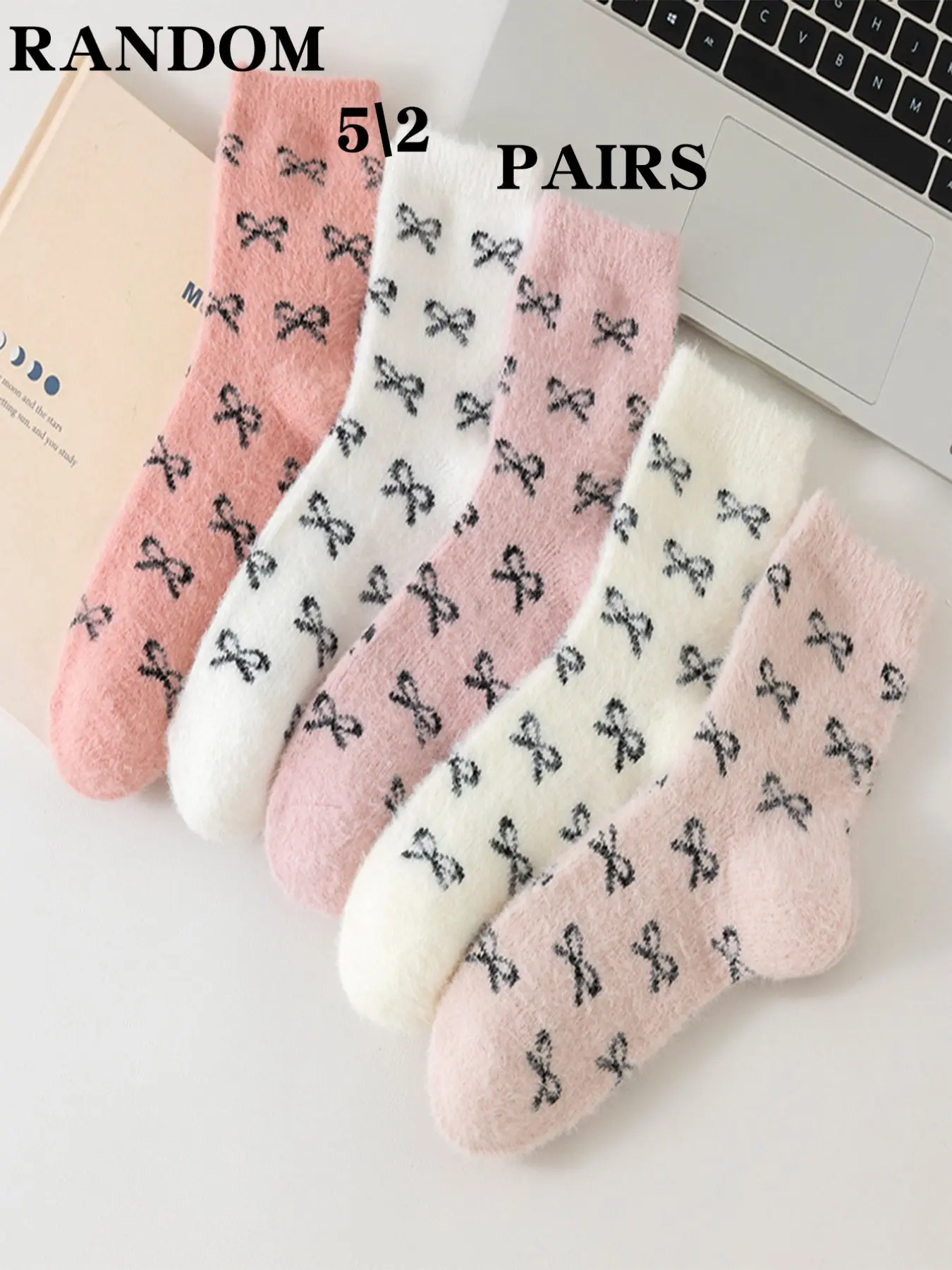 Random 5/2 Pairs Mink Velvet Full Print Bow Home Crew Socks, Cozy and Stylish Footwear for Everyday Wear, Perfect for Comfortable Living