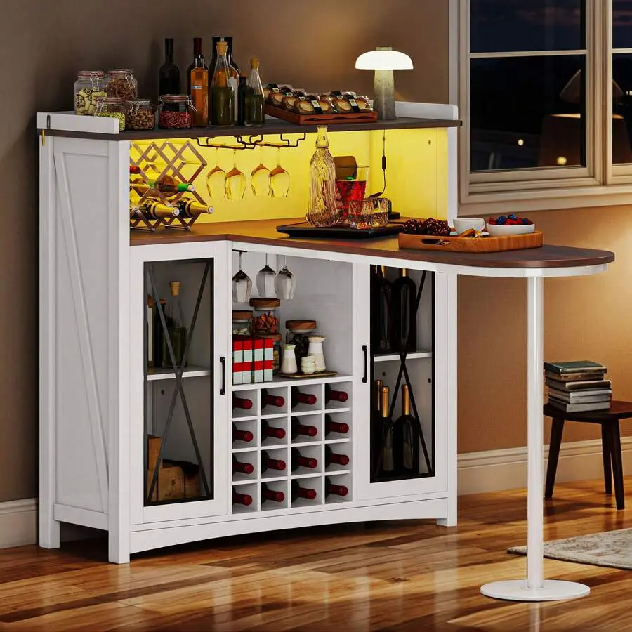 Farmhouse Wine Bar Cabinet With LED Lights Coffee Bar Station With Bar Table Wine Racks And Glass Holders Living Room Dining Room