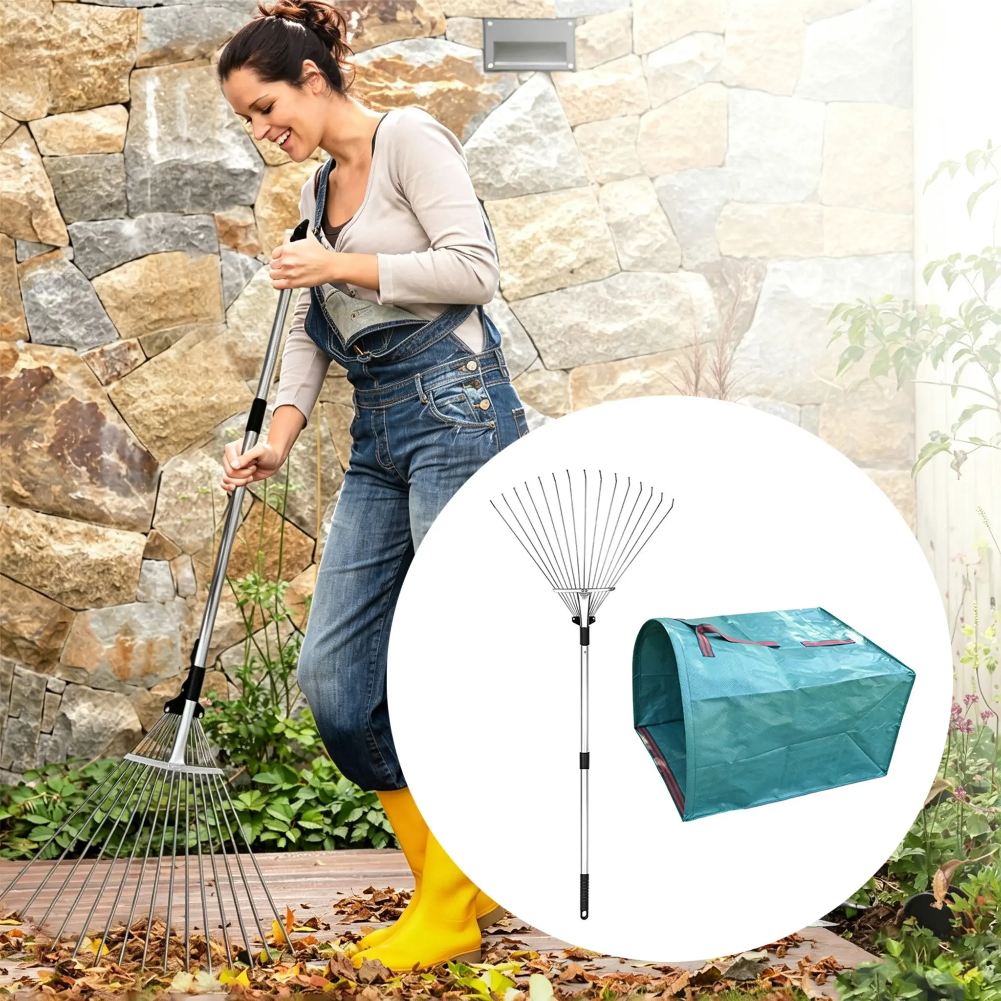 2pcs Leaf Collector and Adjustable Metal Rake, Detachable Leaf Rake with Collapsible Dustpan, Gardening Tool Kit for Yard Cleanup