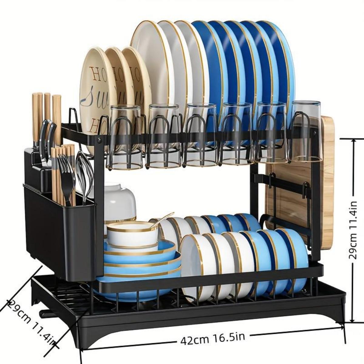 CookSide Dish Drying Rack, 1 Count 2-Tier Dish Rack With Drainboard, Dish Drainer Rack, 2-layer Foldable Tableware Drain Storage Rack, Kitchen Accessories, Home Decor Cutlery Metal Aesthetic Reusable Plastic