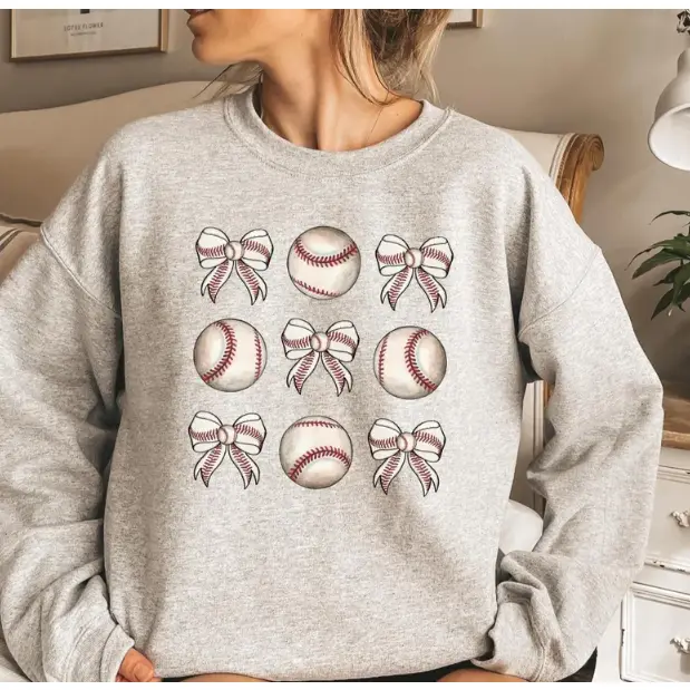 Baseball Coquette Bow Grid Graphic Cotton Oversized Sweatshirt Cute Sports Comfort Crewneck Fashion Outfit Perfect Baseball Fan Gift For Her Best Present For Friends Family Lovers