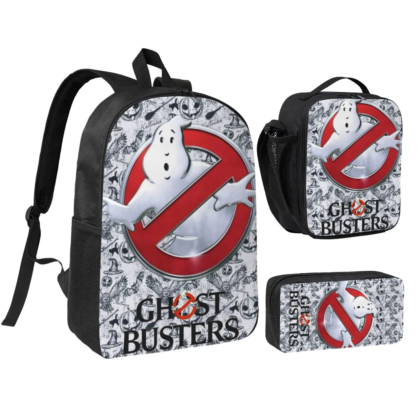 Anime Ghostbusters3 3Pcs School Backpack Set for Teens Boys Girls, Adjustable Strap Kids Bookbag with Insulated Lunch Bag & Pencil Case, Lightweight Travel Office Daypack