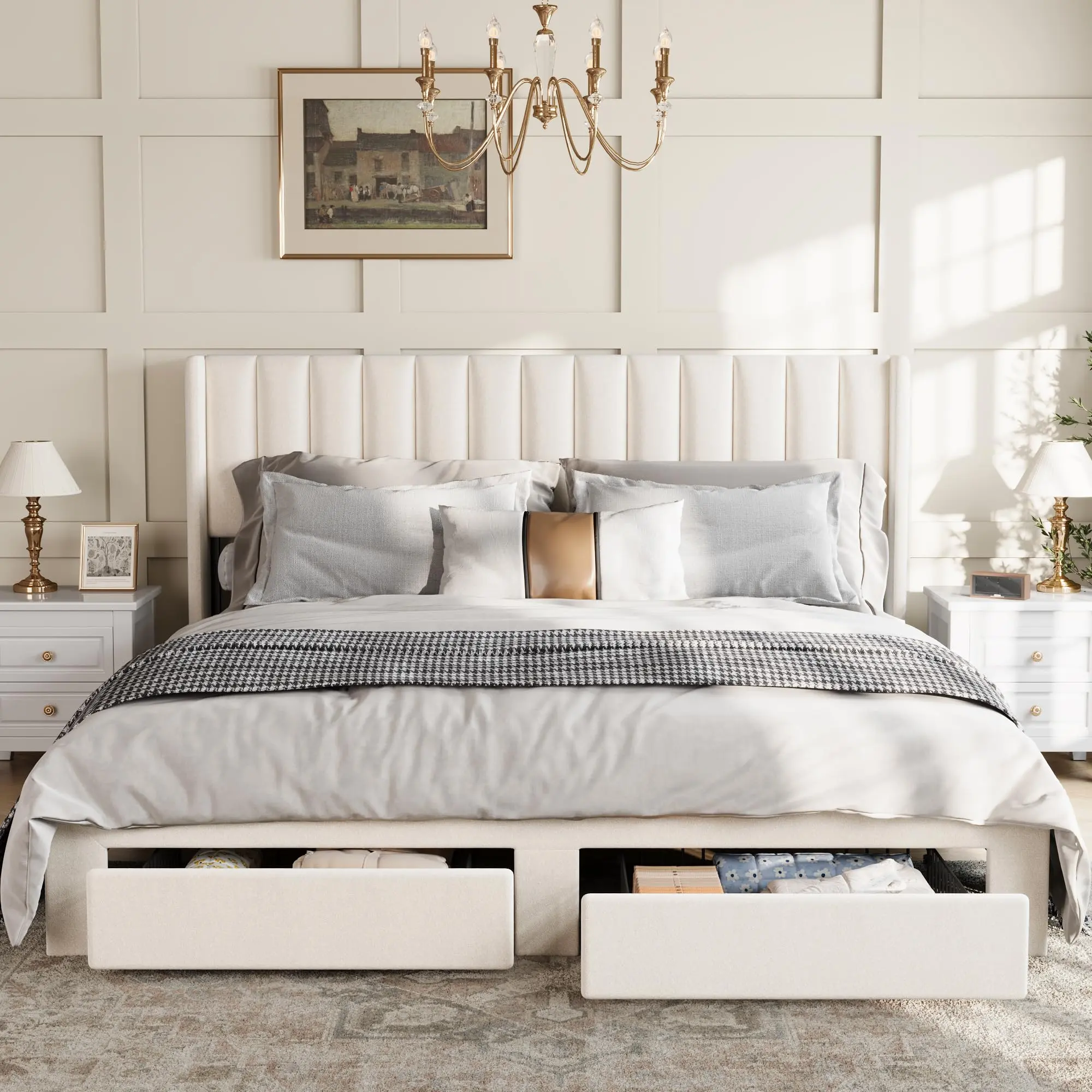 Ivory Queen Size Velvet Fabric Upholstered Bed Frame with Wingback Headboard, Storage Organization 2 Drawers, Quick Setup Noise-Free Sturdy Wood Slat Support, No Box Spring Needed Elegant Bedroom Furniture