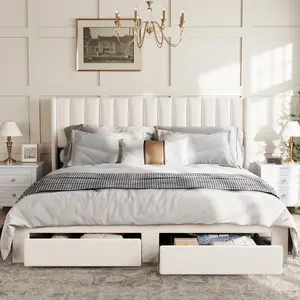 Queen Size Velvet Storage Bed Frame with Wingback Headboard, Upholstered Platform Bed with 2 Drawers, No Box Spring Needed, Sturdy Noise-Free Wood Slat Support, Elegant Ivory Bedroom Furniture