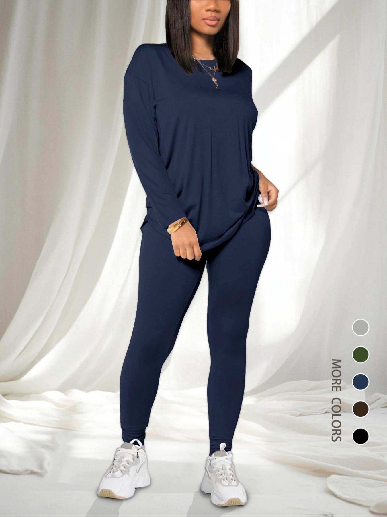 Women's Solid Drop Shoulder Tee & Elastic Waist Skinny Pants Two-piece Set, Basic Casual Fashion Cozy Round Neck Long Sleeve T-shirt & Trousers for Daily Outdoor Wear, Women's Clothing for Spring & Fall