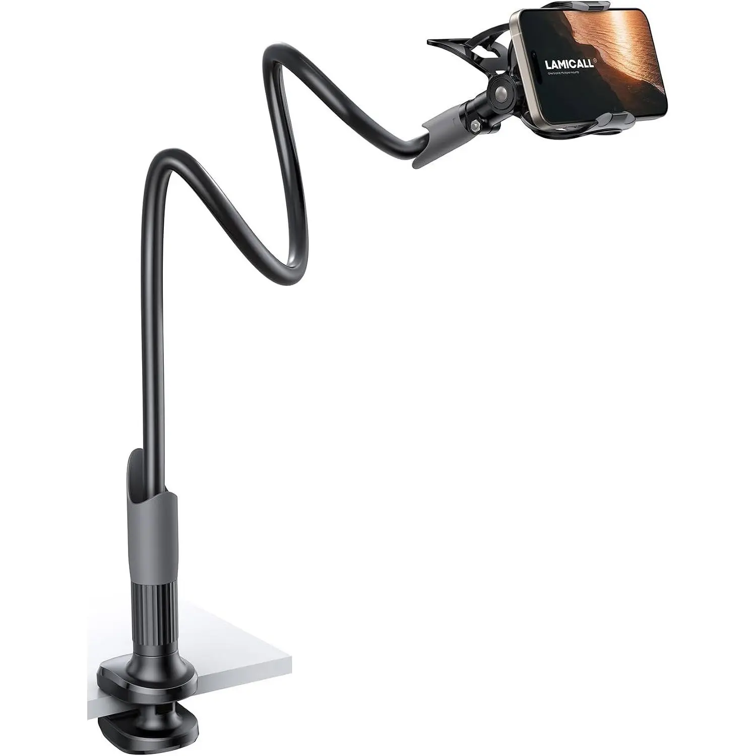 Gooseneck Bed Phone Holder with 33.4" Full Adjustable Flexible Aluminum-Mg Arm, Clamp Base, Upgrade V2 - Fast Install, Stable, Multipurpose Bedside Holder for 4-7" Phones, iPhone 17 Pro Max Air, Mobile Accessories