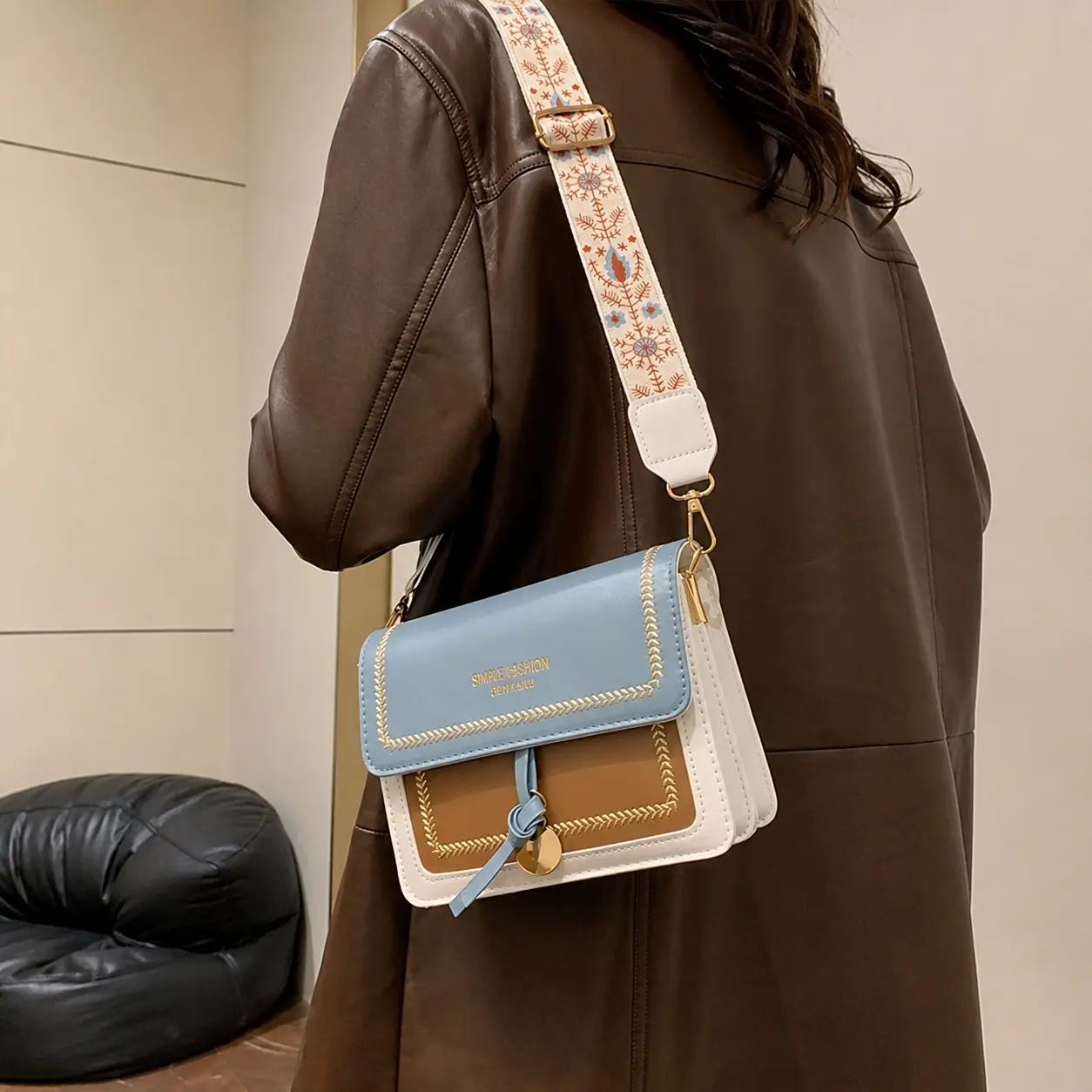 Elegant Color Block Crossbody Bag, Women's PU Leather Square Flip Shoulder Bag, Fashion Luxury Daily Handbag, Travel Essential, Gift for Mother, Wife, Girlfriend