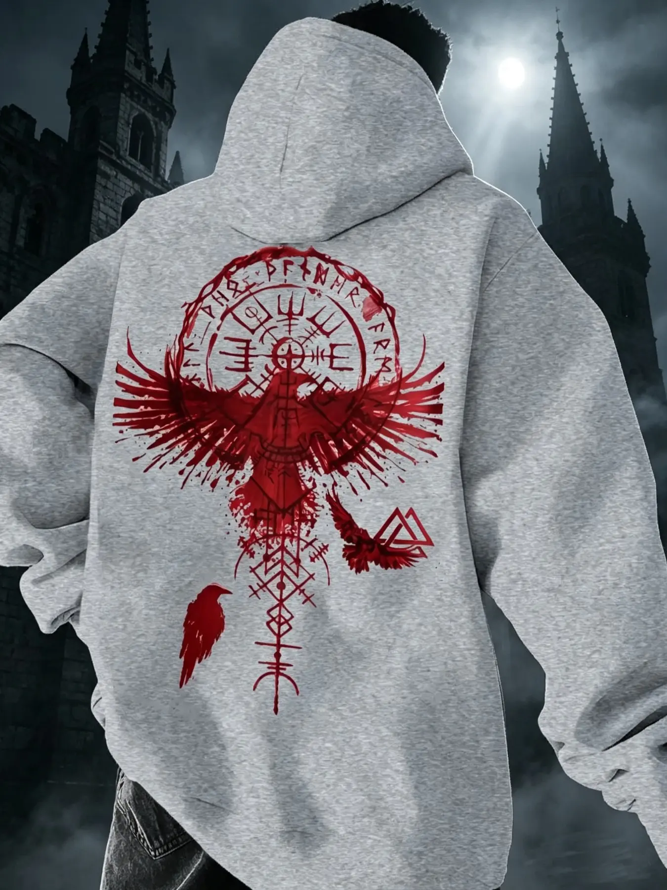Men's Casual Loose Fit Hooded Sweatshirt, Norse Raven Viking Rune Print, Fleece Lined, Fall & Winter Apparel, Versatile Men's Clothing