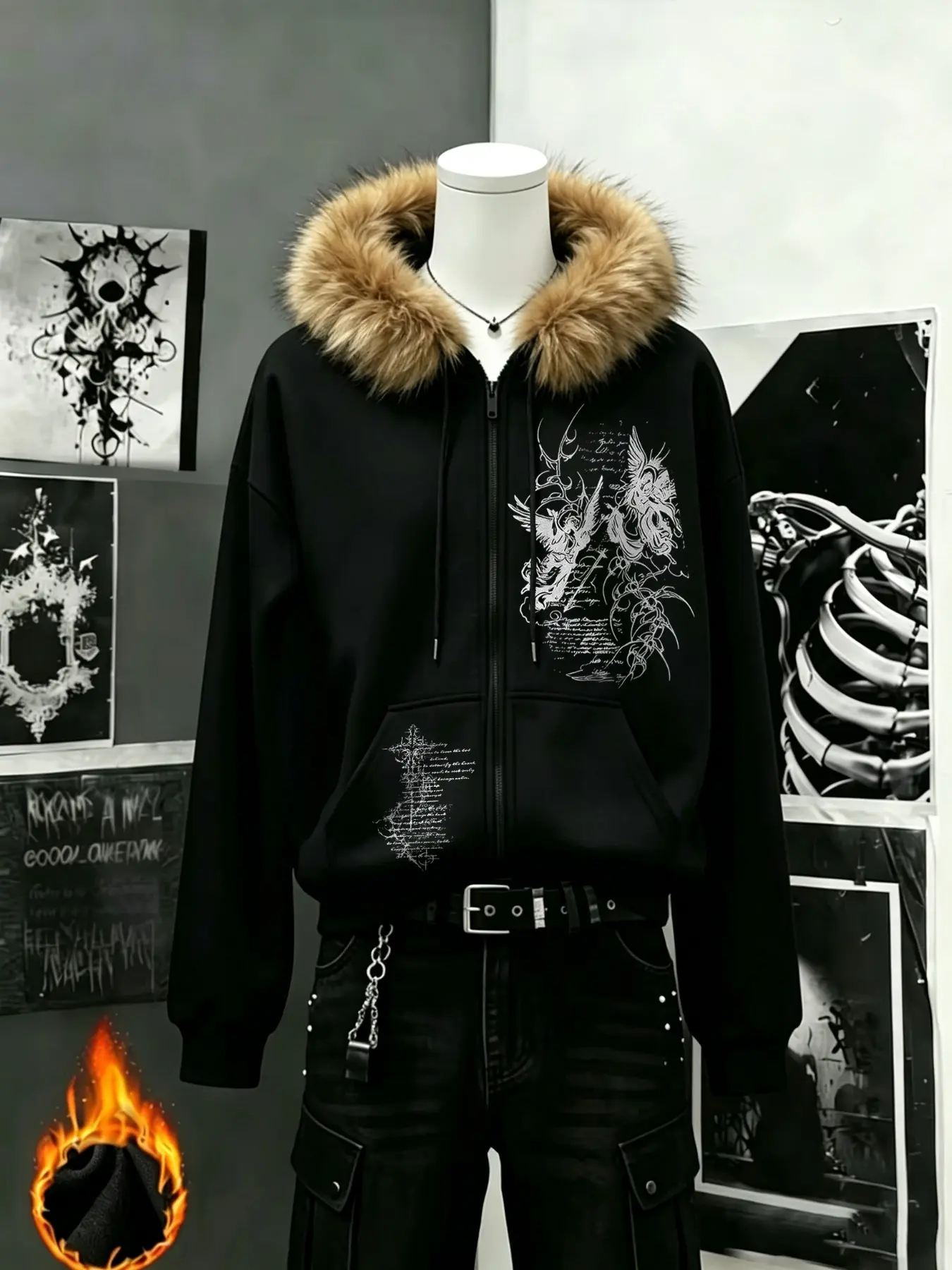 Dark Gothic Faux Fur Collar Open Front Hoodie, Angel Thorns Handwritten Print, Thick Lined Zipper Jacket for Men and Women