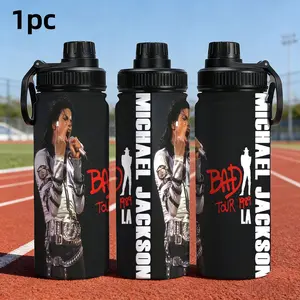1pc 20oz Michael Jackson Bad Tour 1989 Print Stainless Steel Insulated Water Bottle with Tea Filter, Leakproof Flip Spout Lid & Portable Carry Handle, Double Wall Vacuum Flask, 8H Hot & 24H Cold Retention, King of Pop Music Fan Drinkware, Ideal for Gym