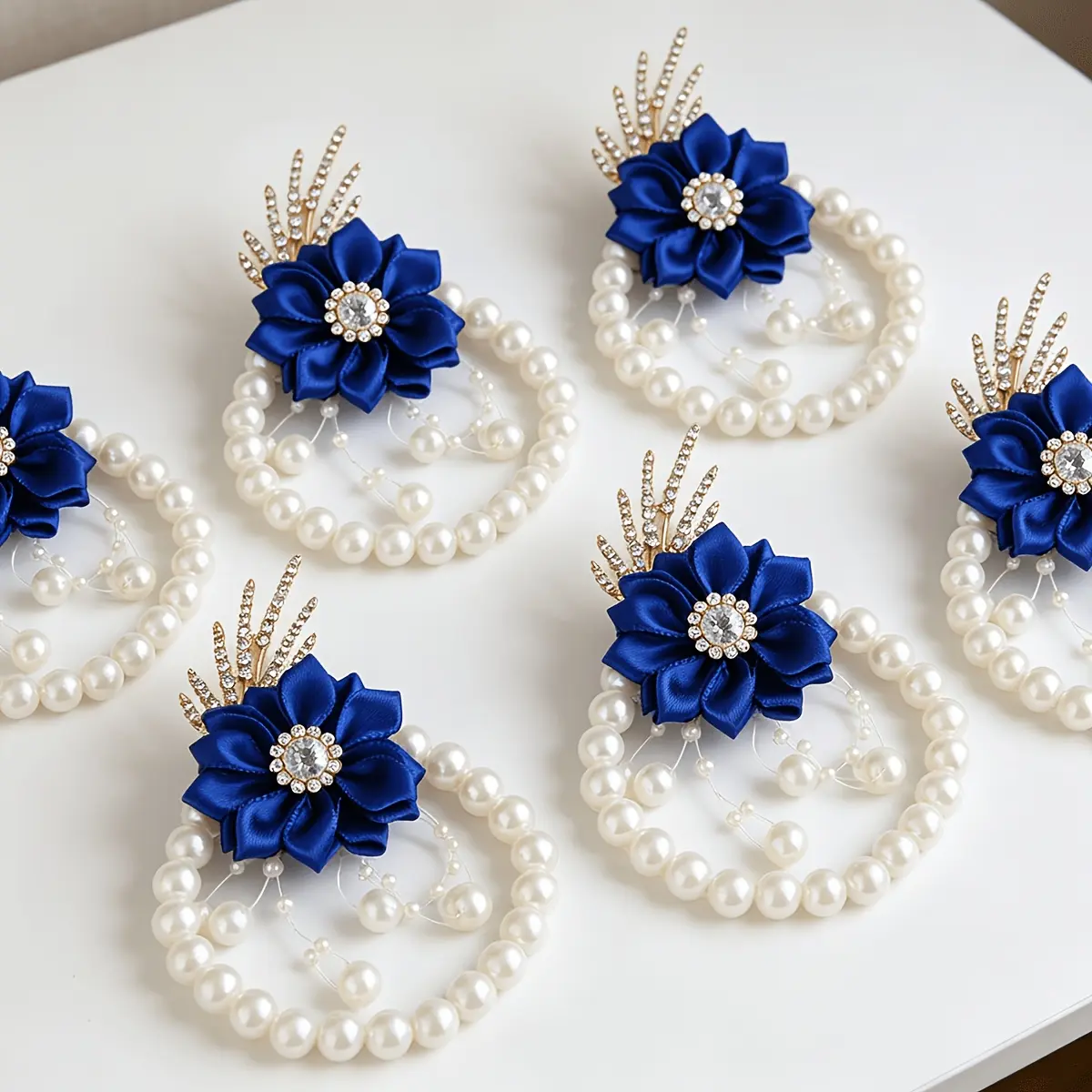 6pcs noble and elegant royal blue artificial daisy wrist corsage with gold leaf rhinestone beaded pearl hand flower