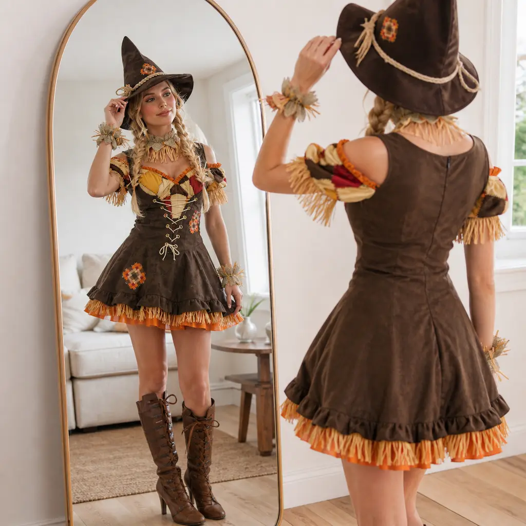 Women’s Scarecrow Witch Costume Dress with Pointed Hat, Patchwork Fringe Halloween Stage Outfit