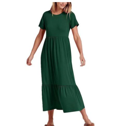 Classy Round Neck Ruched Bodice Solid Flowy A-Line Long Dress