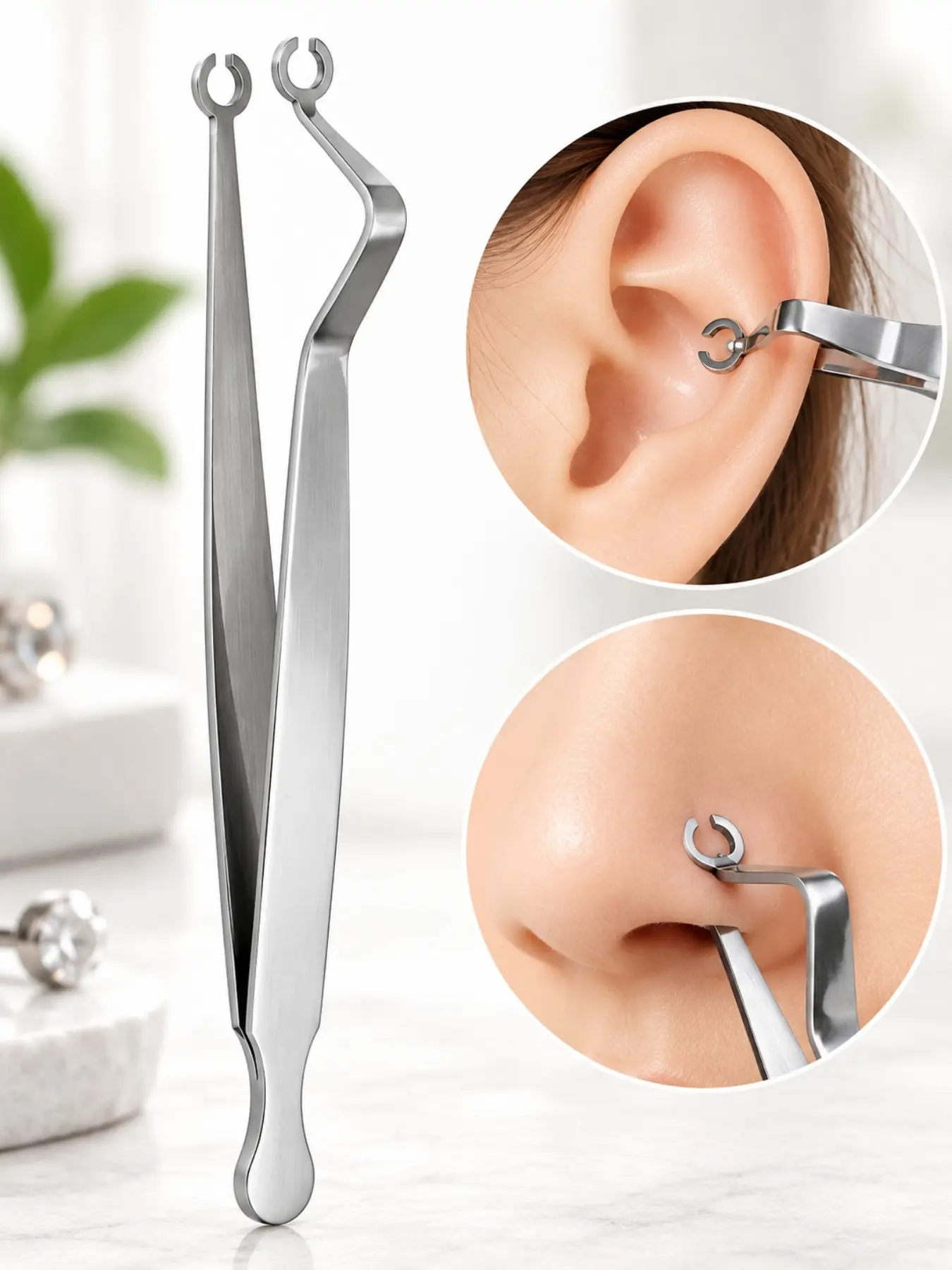 Stainless Steel Piercing Assist Tweezers, Precision Ear Nose Piercing Helper Tool, Jewelry Piercing Holding Clamp for Accurate Positioning, Piercing Grabber Tool