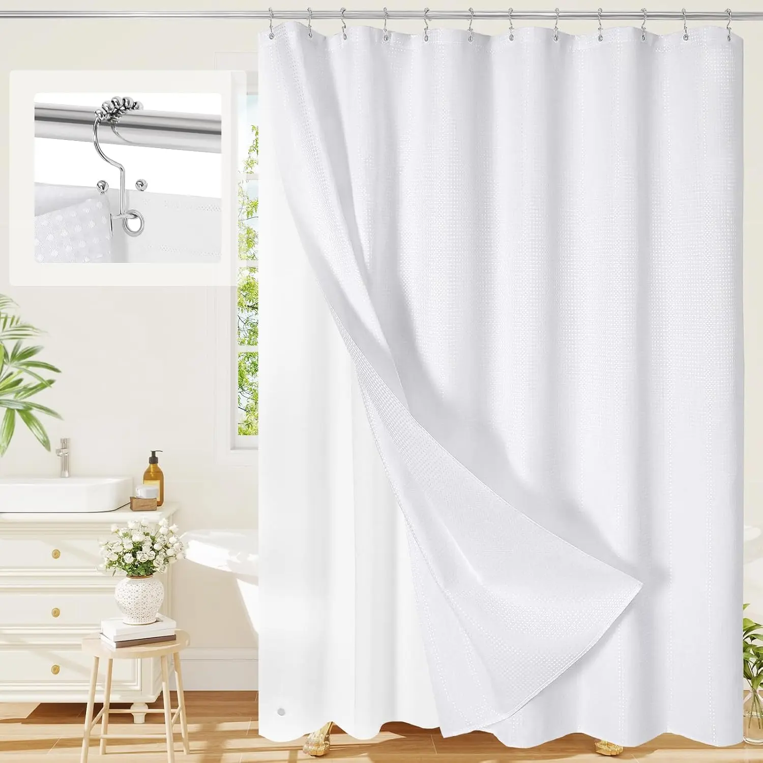 3 in 1 White Waffle Shower Curtain Set, Waterproof Fabric Modern Shower Curtain with PEVA Liner & 12 Stainless Steel Double-Sided Hooks, Hotel Style Bathroom Decor, 72 x 72