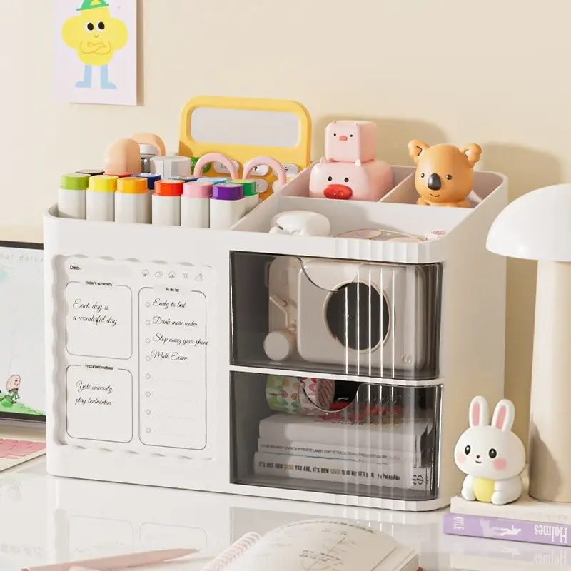 Multifunctional Desk Organizer Box with Drawer, Large Capacity Partitioned Desktop Storage for Stationery and Cosmetics, Kids Pen Holder