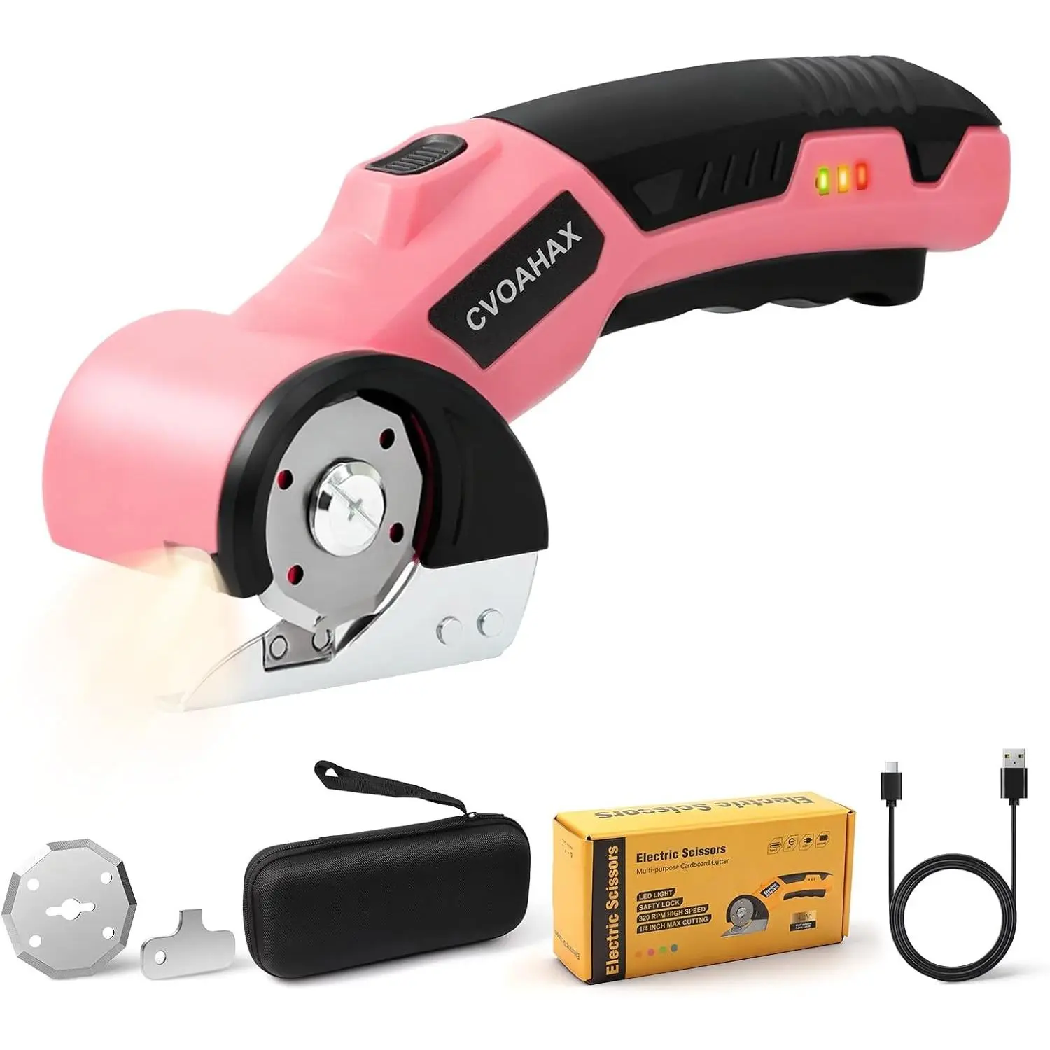 Compact Electric Box Cutter Cutting Tool - 4.2V Rechargeable Electric Utility Cutters with LED Lights, 2 Rotary Blades, 3000mAh Battery for Cardboard, Carpet (Ideal for Womenswear & Underwear Fabric, Leather Plastic Carton Cutting)