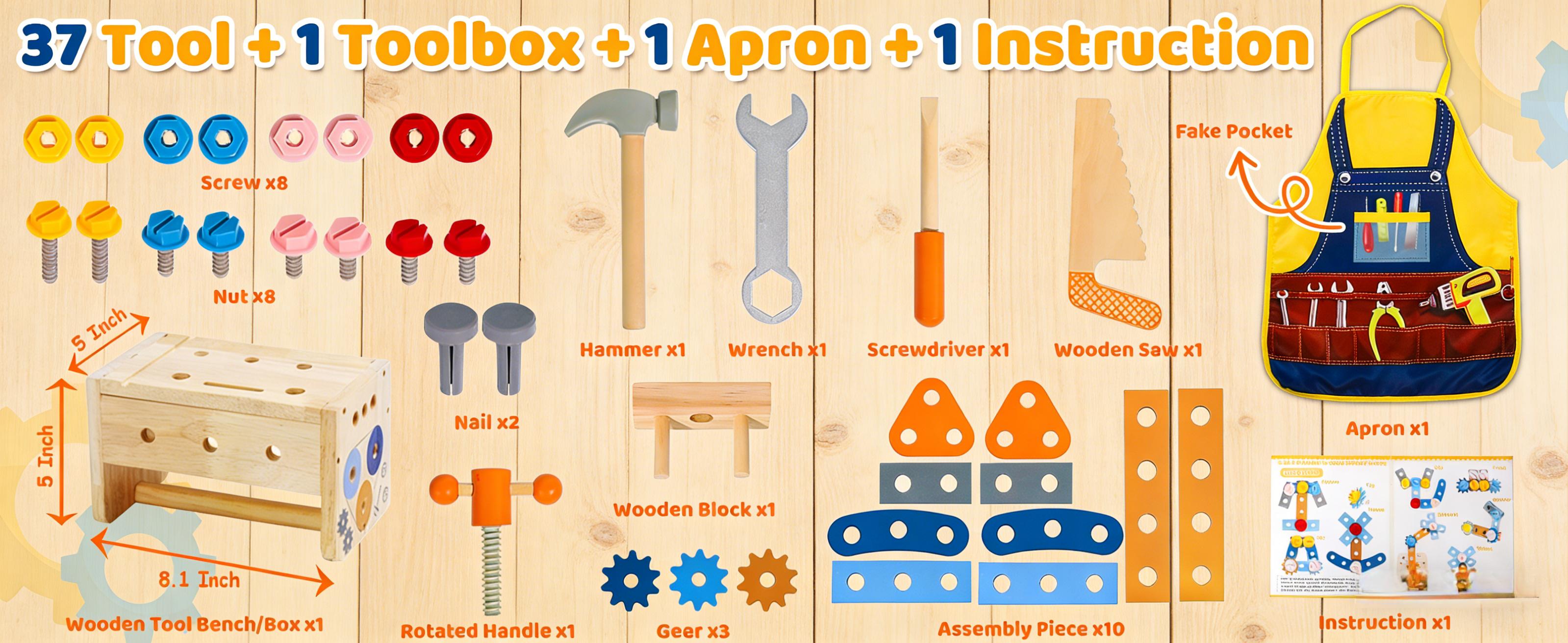 Montessori Kids Tool Set,Wooden Kids Tool Set with Apron,39 PCS Wooden Toddler Tool Bench Box Montessori Toys for 2 3 4 Year Old Boys Girls, Educational STEM Construction Toys Pretend Play Toddler Toys Age 3-5 Birthday Gift