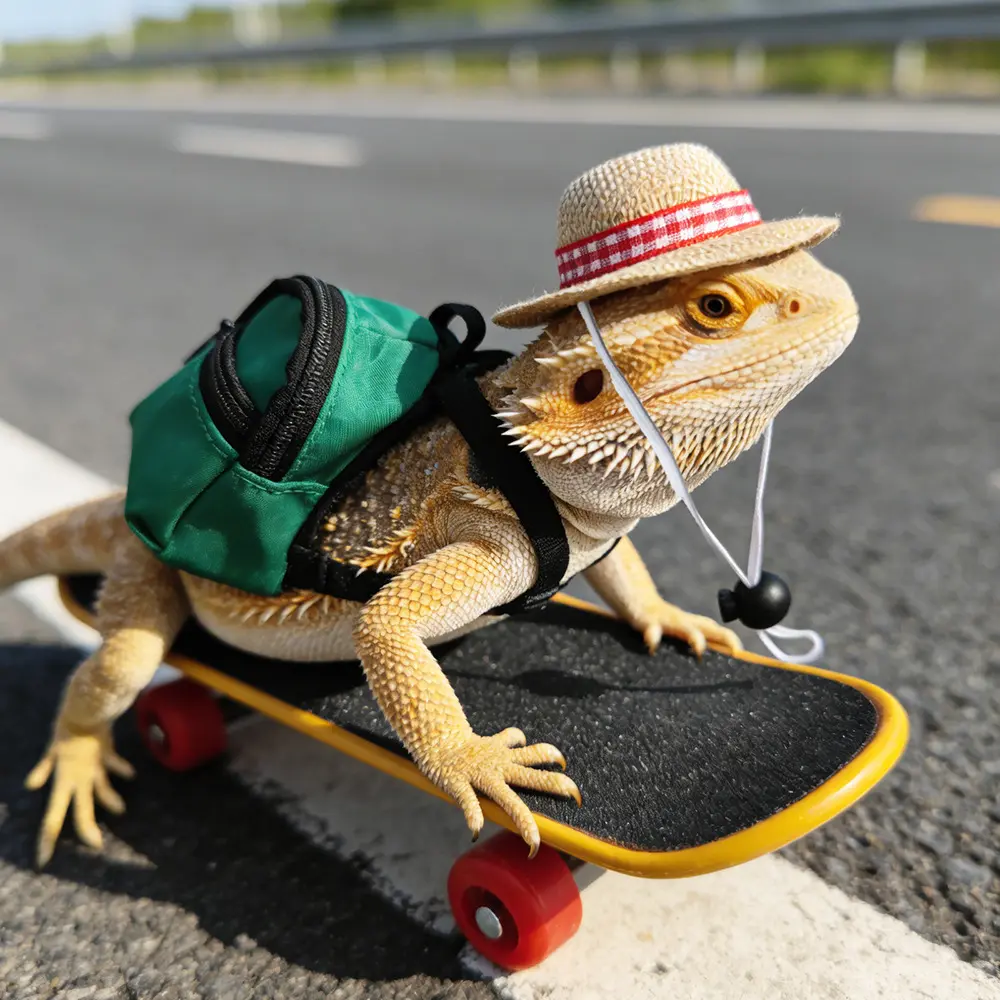 3-Piece Small Pet Play Gear Harness Sets - Cute Look Fun Outfit for Reptiles, Hamsters, Parrots, Turtles with Skateboard, Backpack, Hat | Reptile Supplies
