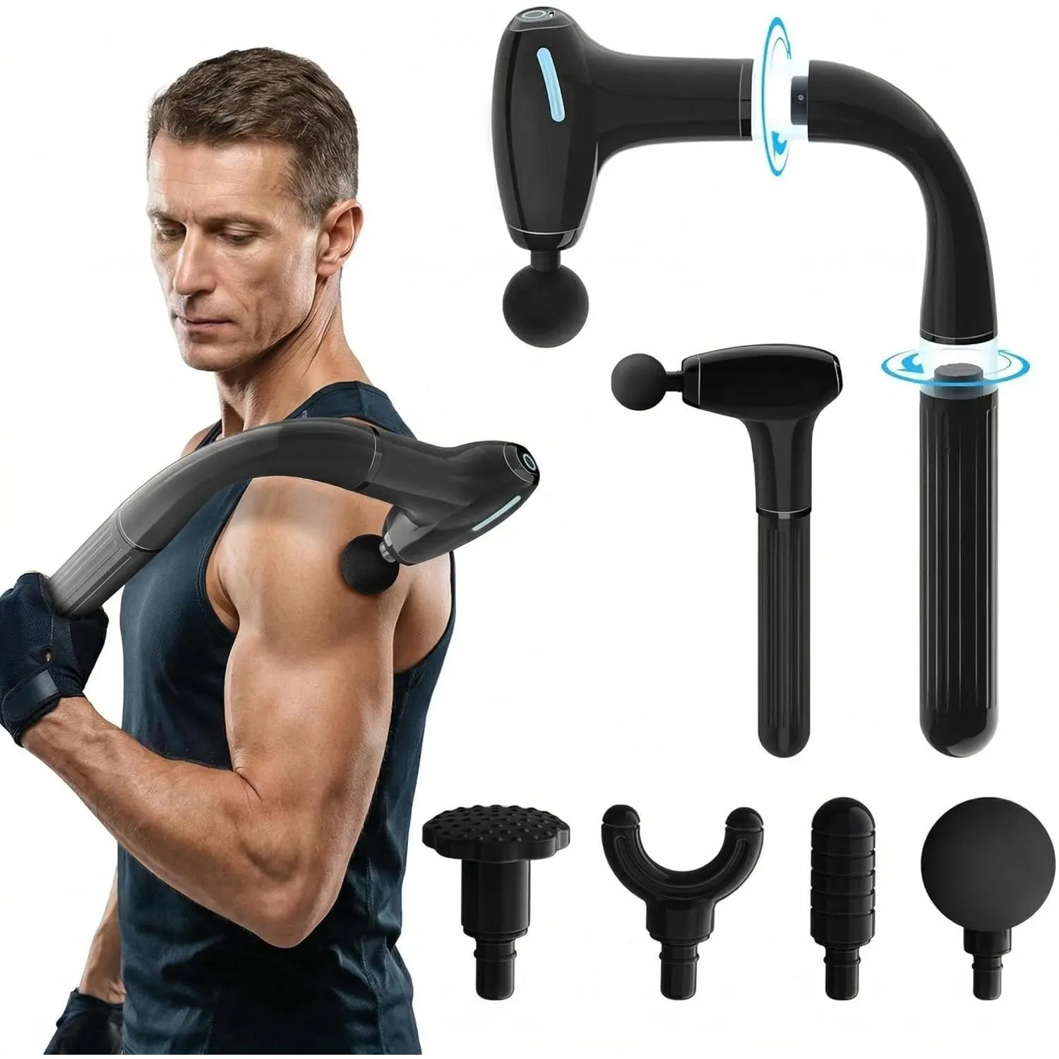 Massage Gun Deep Tissue with Extension Handle Professional Percussion 3-in-1 Detachable Back Massager for Pain Relief,Muscle Relief Massager for Shoulder Back Thigh Waist&Neck (Dark Black)
