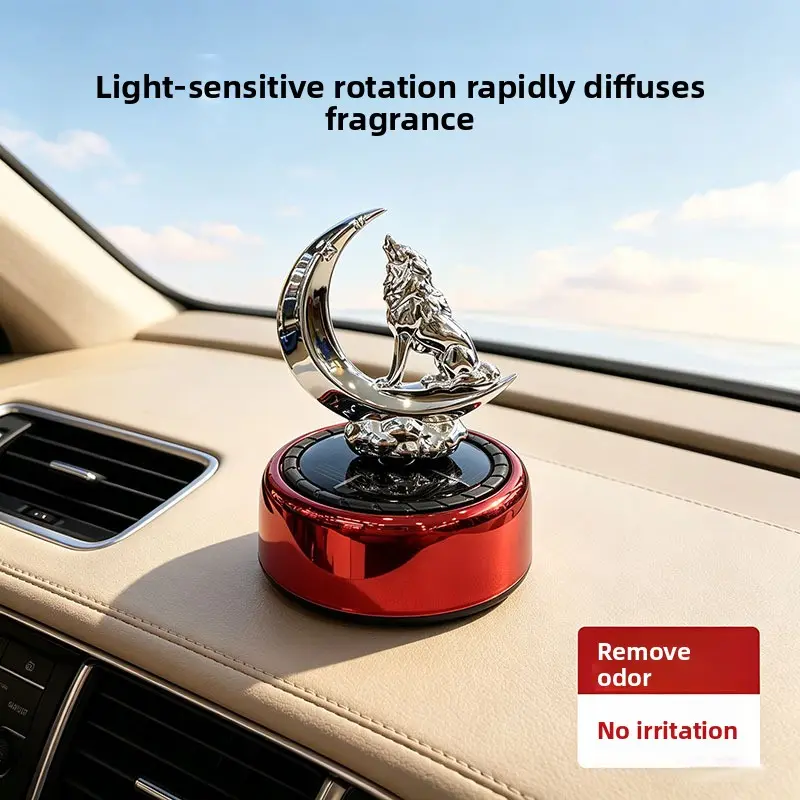 Car Solar-Powered Rotating Moon Wolf Aromatherapy Ornament - Car Dashboard Fragrance, Long-Lasting Light Scent Odor Eliminator