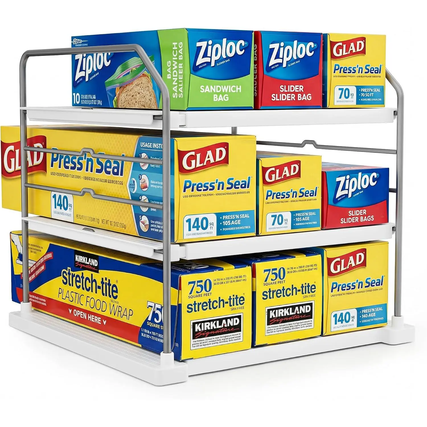 Extendable 3-Tier Kitchen Cabinet & Pantry Organizer for Plastic Wrap, Foil & Storage Bags, Adjustable Heavy Duty Shelf Rack for Wrap Boxes, Jars & Snack Boxes (11–16.7 in Wide), Pack of 1