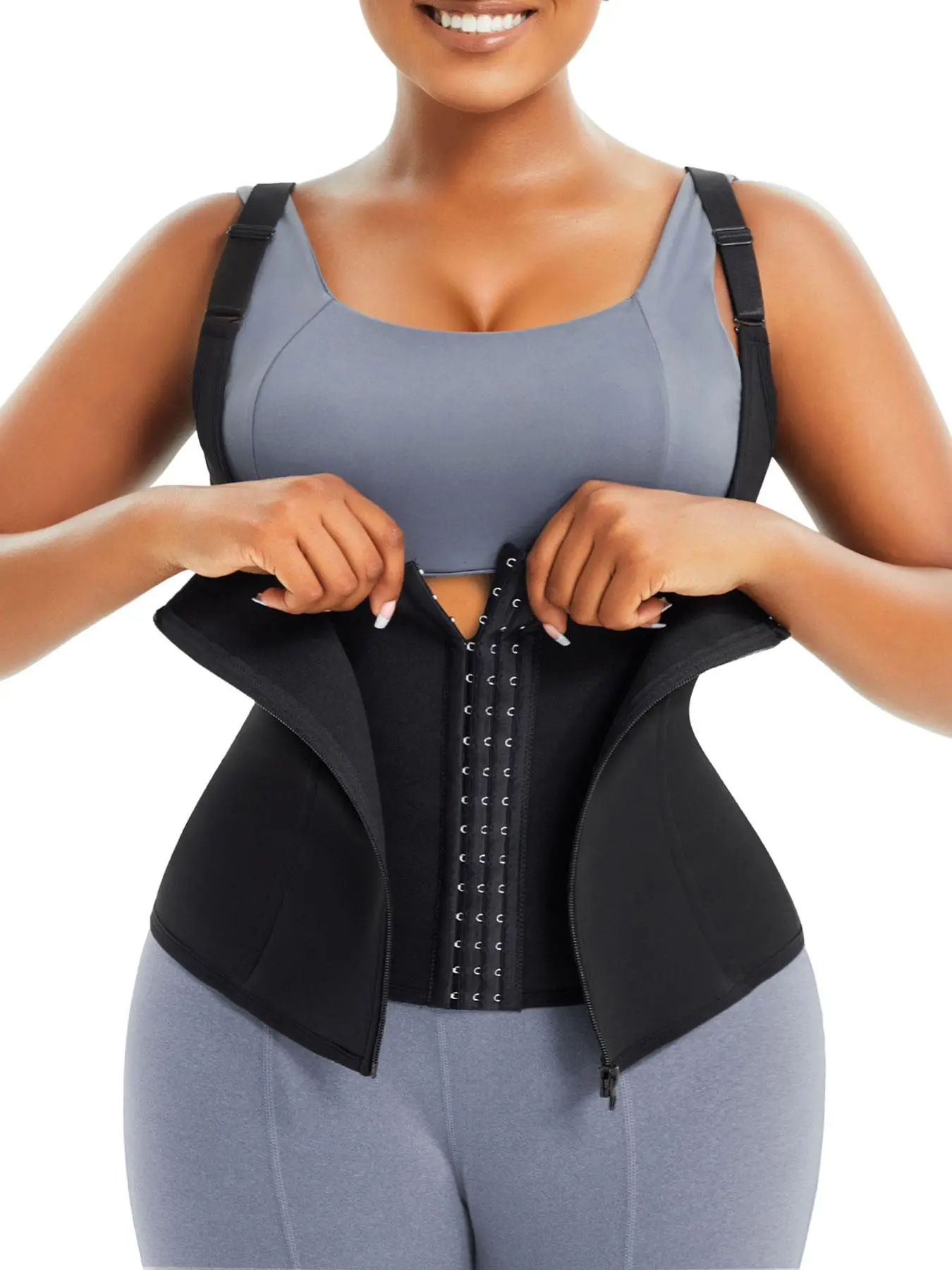 Women's Solid Color Hook & Eye Front Zipper Closure Waist Trainer, High Stretch Comfortable Adjustable Shoulder Strap Waist Cincher, Tummy Control Shaper for All Seasons Daily Wear Tummy Shapewear