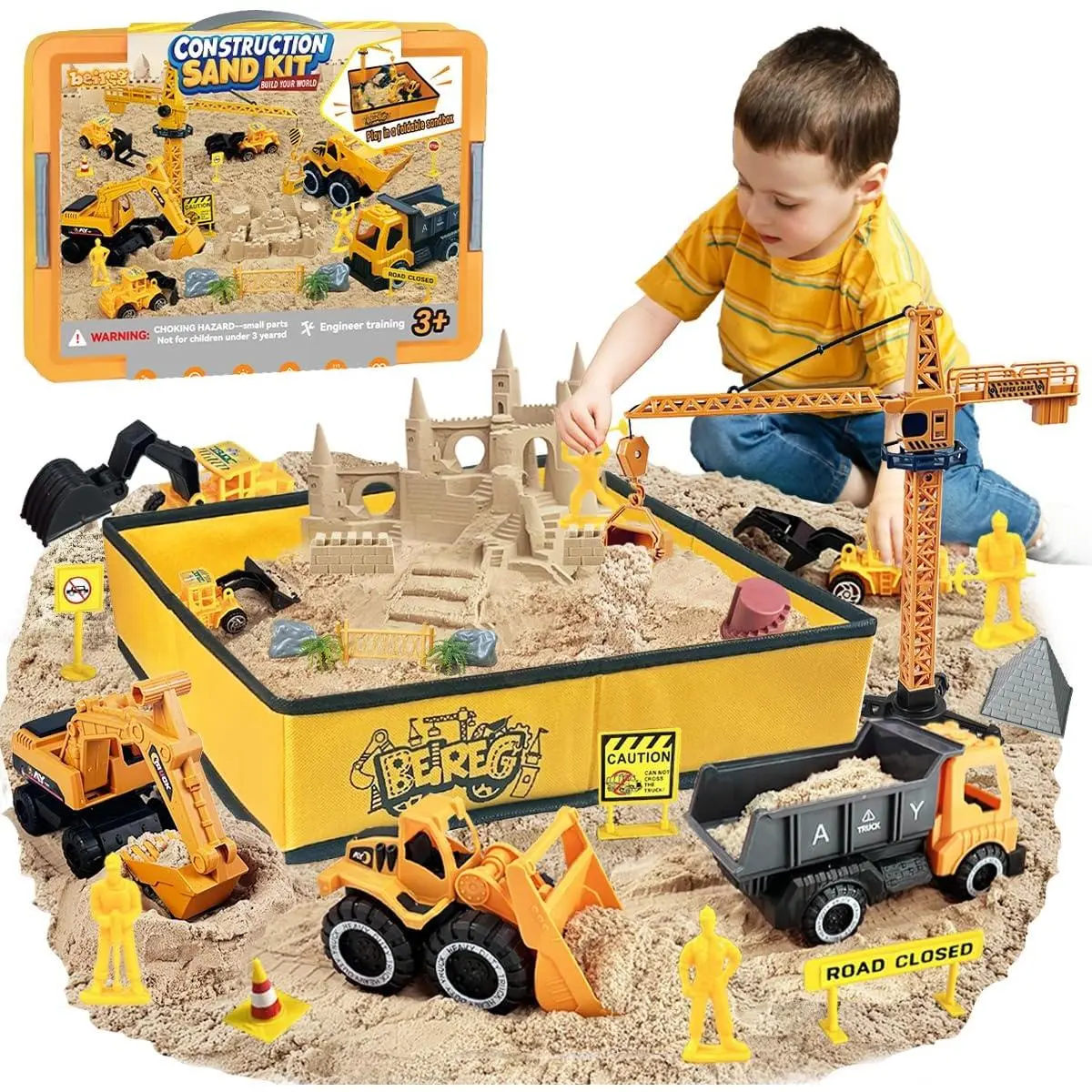 Construction Sensory Sand Kit - 42 PCS Building Set with 2lbs Magic Sand, 9 Construction Trucks, Foldable Roof Sandbox, Cranes, Road Signs & Tools | STEM Gift for Boys Ages 3-8