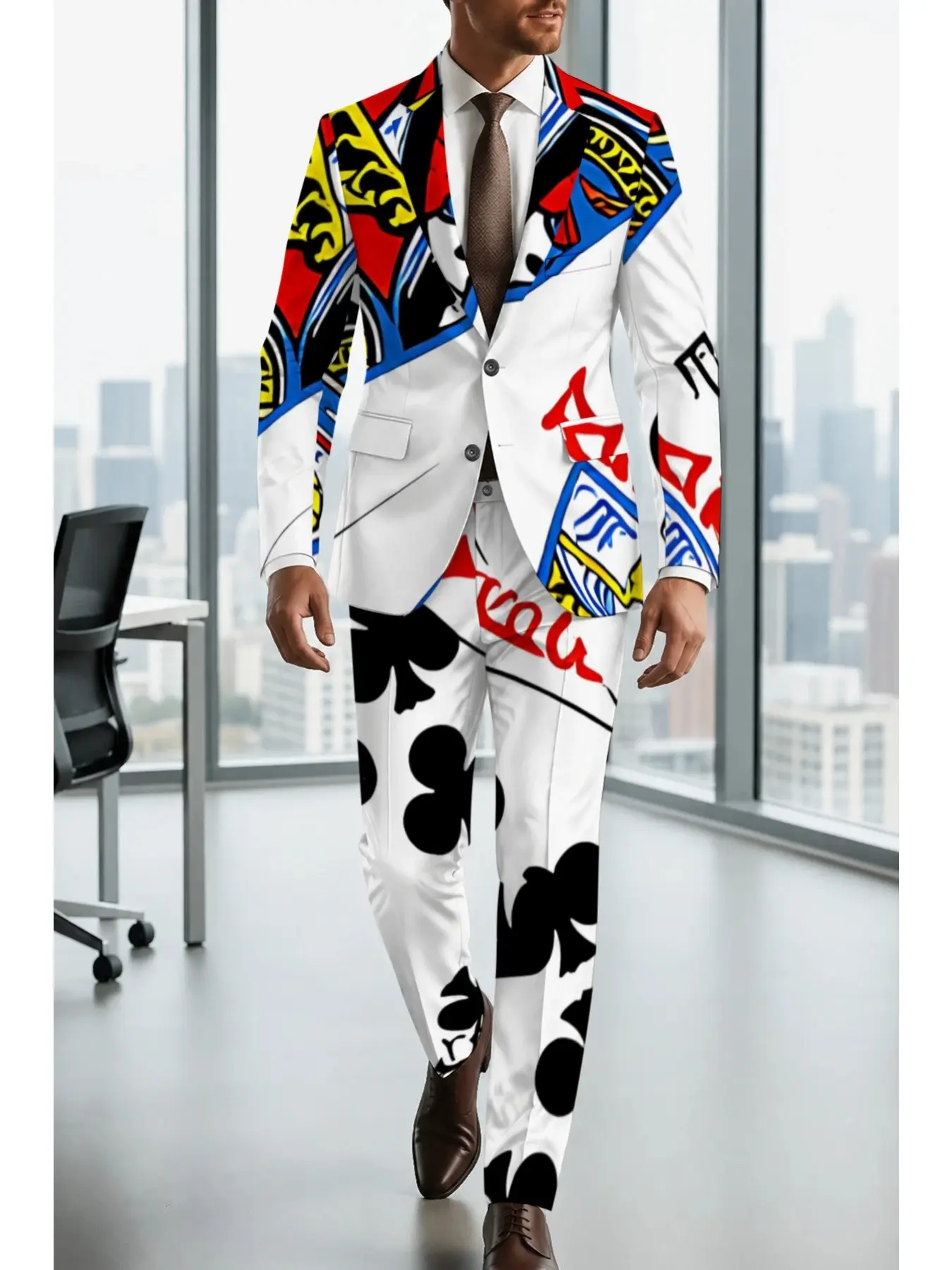 Unique Poker Style Blazer Set, Two-Piece Suit with Card Element Design, High Saturation Cartoon Poker Fashion, Perfect for Theme Parties