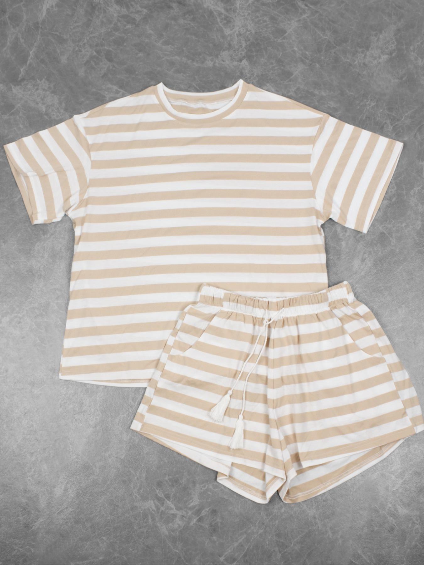Women's Striped Print Top & Shorts Relaxed Fit Loungewear Two-piece Set, Casual Round Neck Short Sleeve Top & Drawstring Waist Shorts Pj Set, Ladies Summer Sleepwear, Striped Print Bottoms, Pastel Cute Pajamas, Pastel Pj Set
