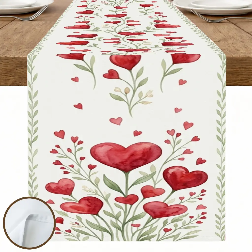 1pc Heart Floral Table Runner, Boho Style, Watercolor Style Print, for Dining Table Kitchen Decor Home Decor Valentine’s Day Decor