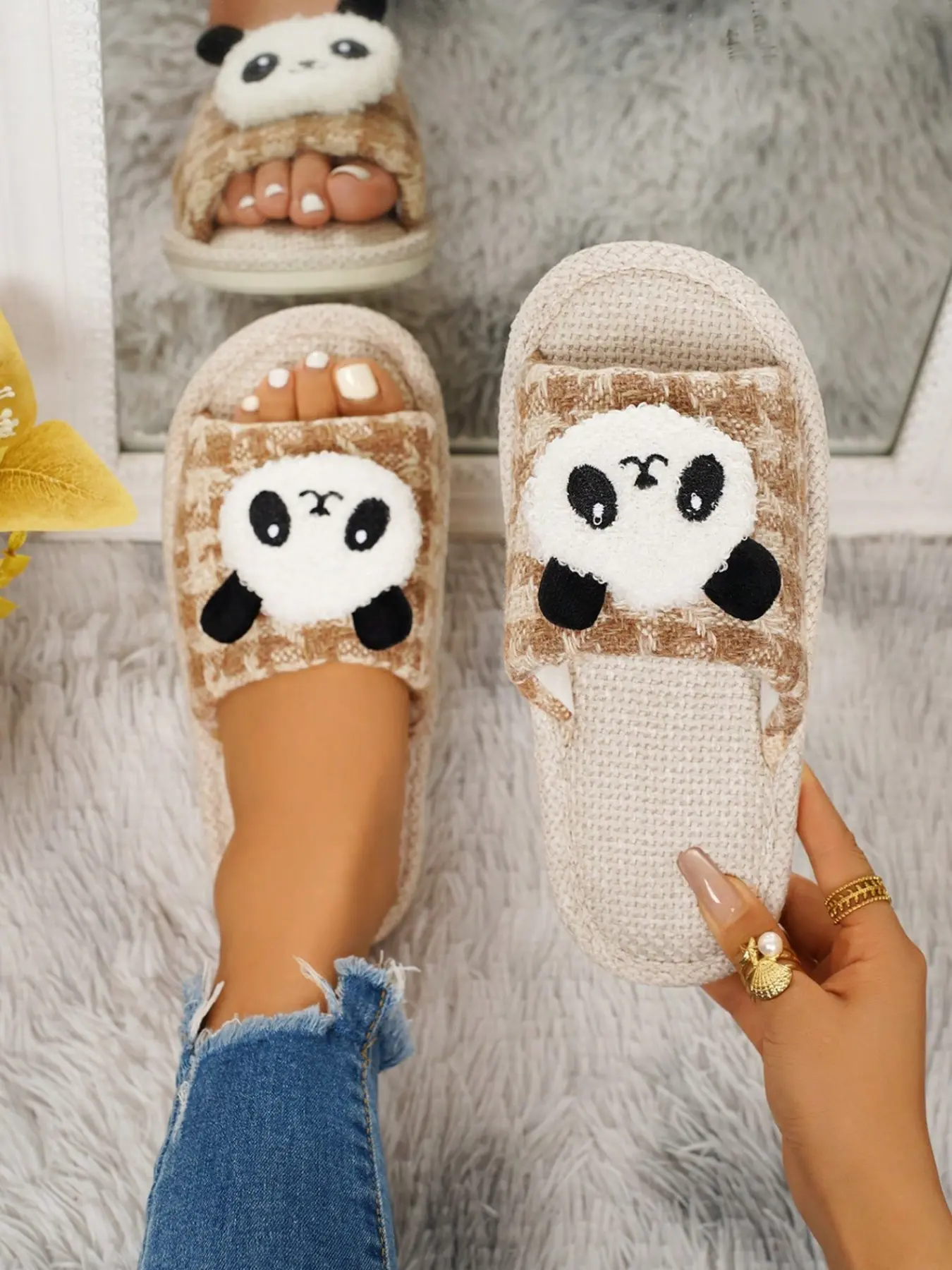 Cute Panda Linen Slippers, Breathable Home Slip-Ons, Comfortable One-Piece Design, Ideal for Daily Wear, Soft and Cozy Footwear
