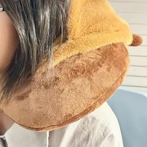 Rilakkuma Plush Toy Doll Travel Hooded U-Shaped Neck Pillow Soft Neck Support Pillow  For Plane/Cars/Office Napping Pillow