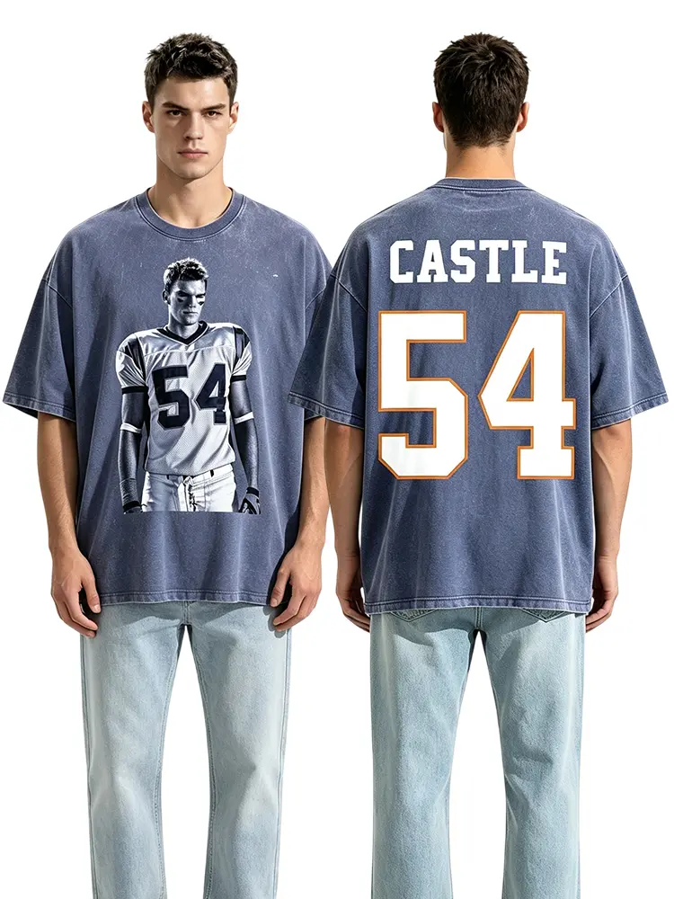 Men's Castle #54 Blue Mountain State Vintage Football T-Shirt, Retro Graphic Printed Washed 100% Cotton Crew Neck Short Sleeve Tee, Soft Breathable Casual Streetwear Shirt, Game Day Apparel for Football Fans, Sports Gift for Men Women, S-XXXL