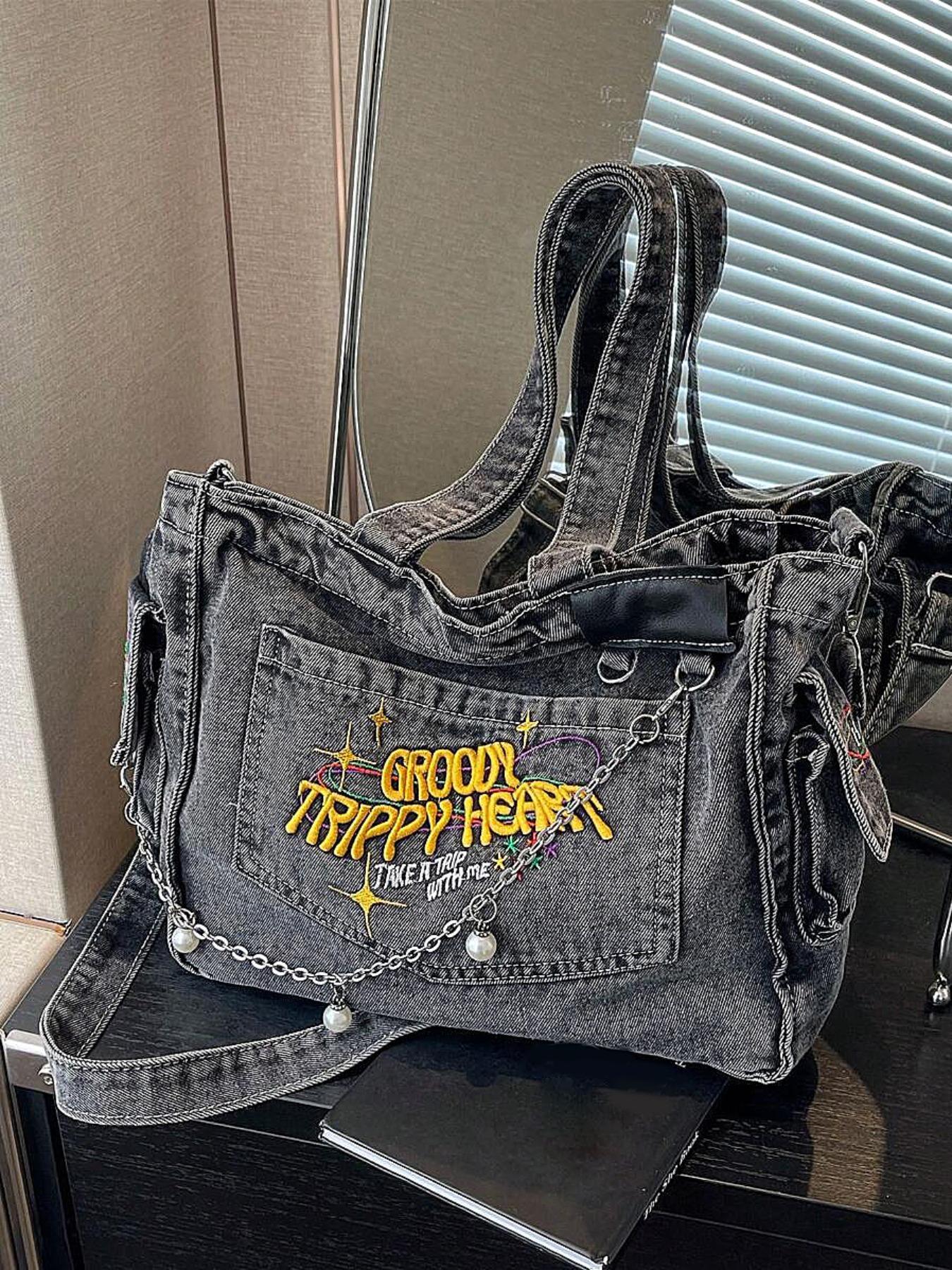 College student tote bag for girls large capacity denim trend new style one-shoulder crossbody handbag niche design backpack, college, outdoor, sports, travel, outing, shopping, vacation, vacation, fashion niche design, women bag