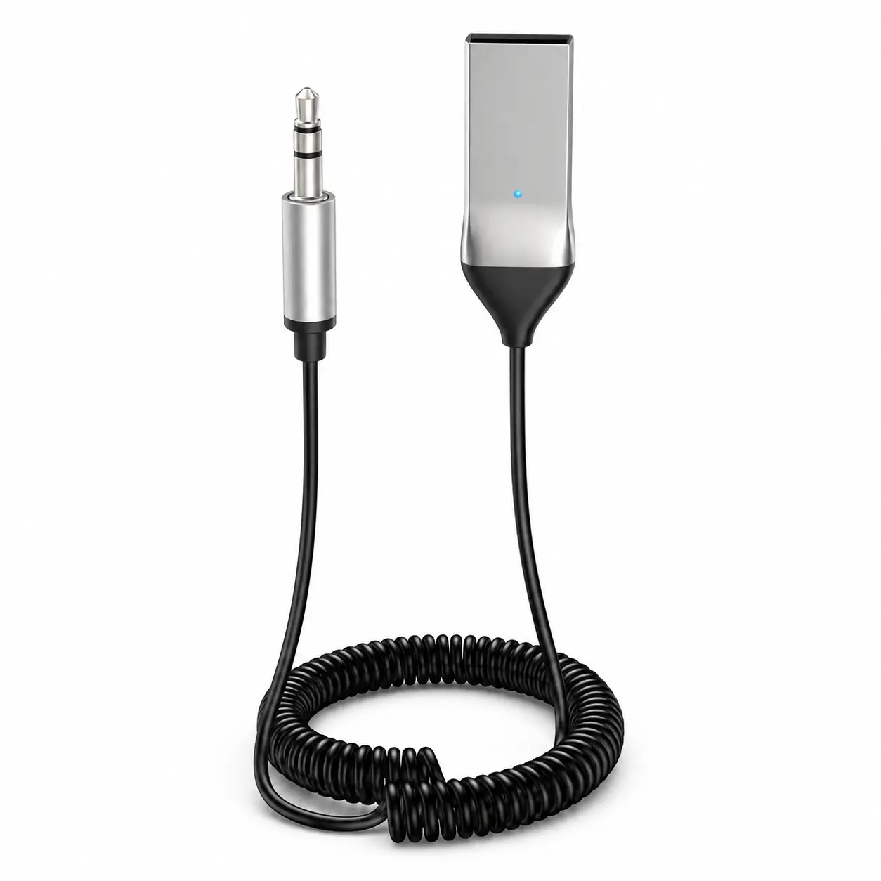 Bluetooth 5.0 AUX Adapter for Car, USB-Powered 3.5mm Bluetooth Audio Receiver with Built-In Microphone, Hands-Free Calling, Plug & Play, Auto Reconnect, Coiled Cable for Car Stereo & Home Speakers