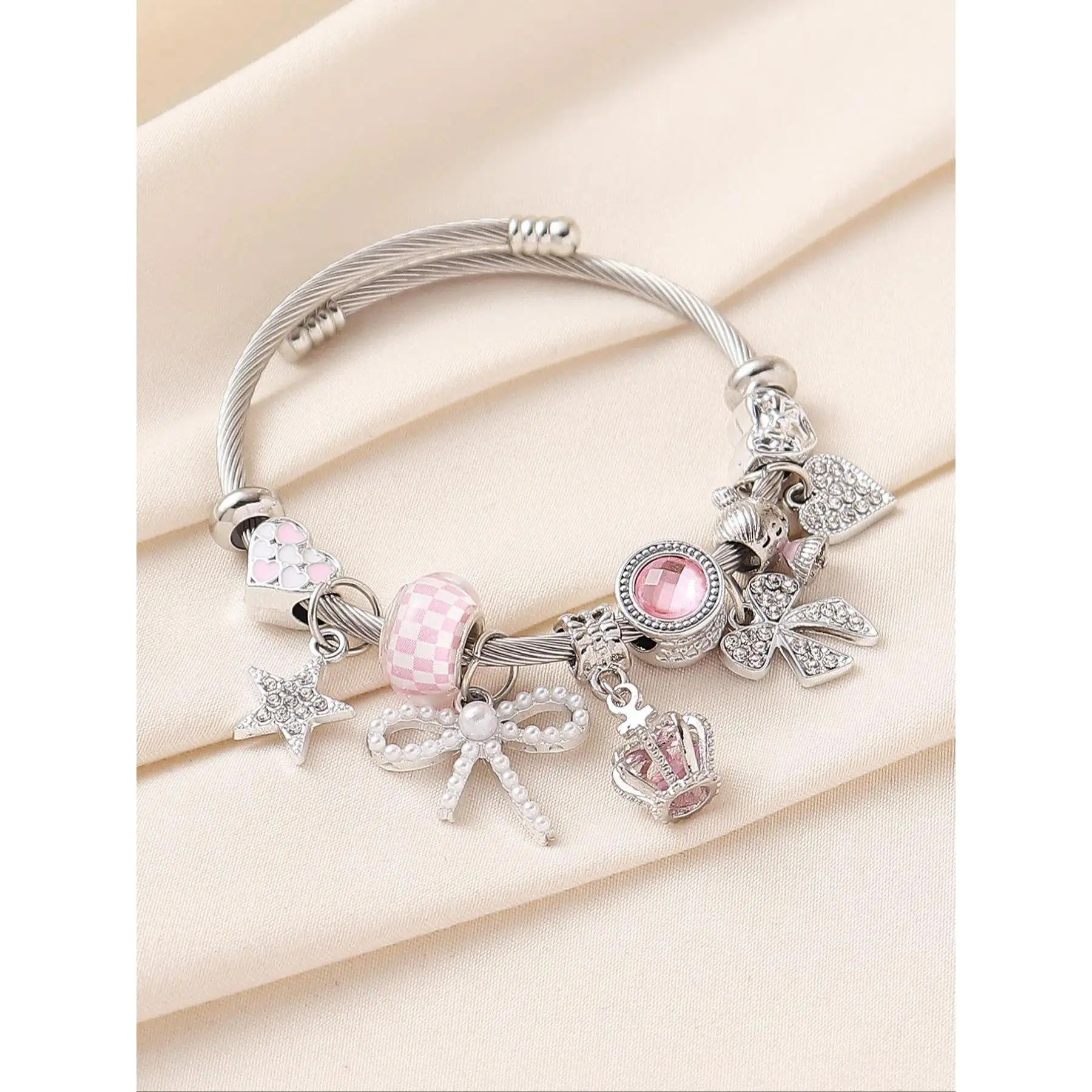 Pink Cute Charms Cable Wire Bangle Bracelet – Sparkly Rhinestone Crown Bow Star Heart Bead Bracelets for Teen Girls Women | Dainty Adjustable Charm Bracelet for Daily, Birthday & Party Jewelry