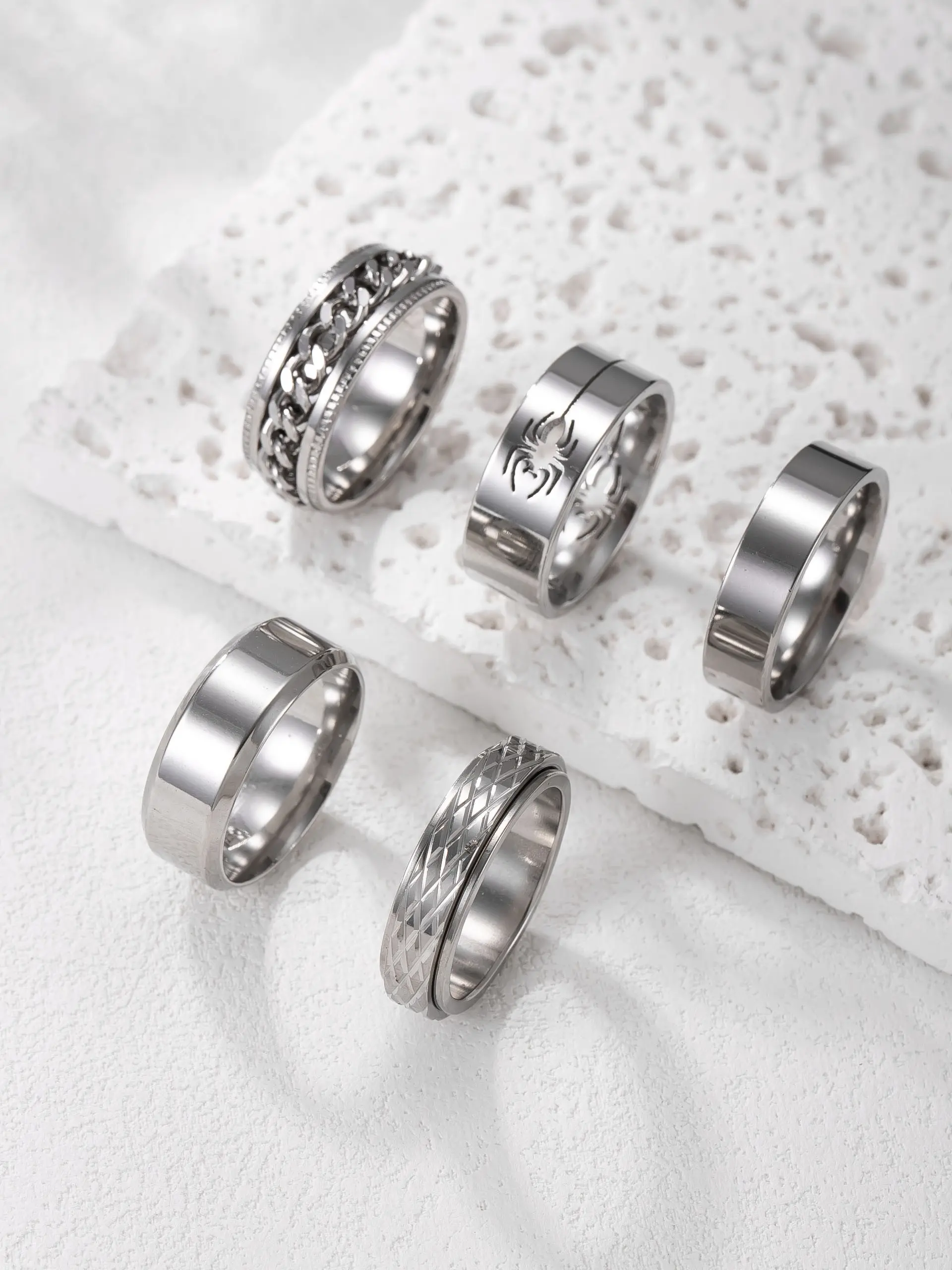5 Piece Stainless Steel Men's Ring Set, Simple Rotatable Metal Rings, Hollow Spider Design, Vintage Style, Perfect Gift for Men