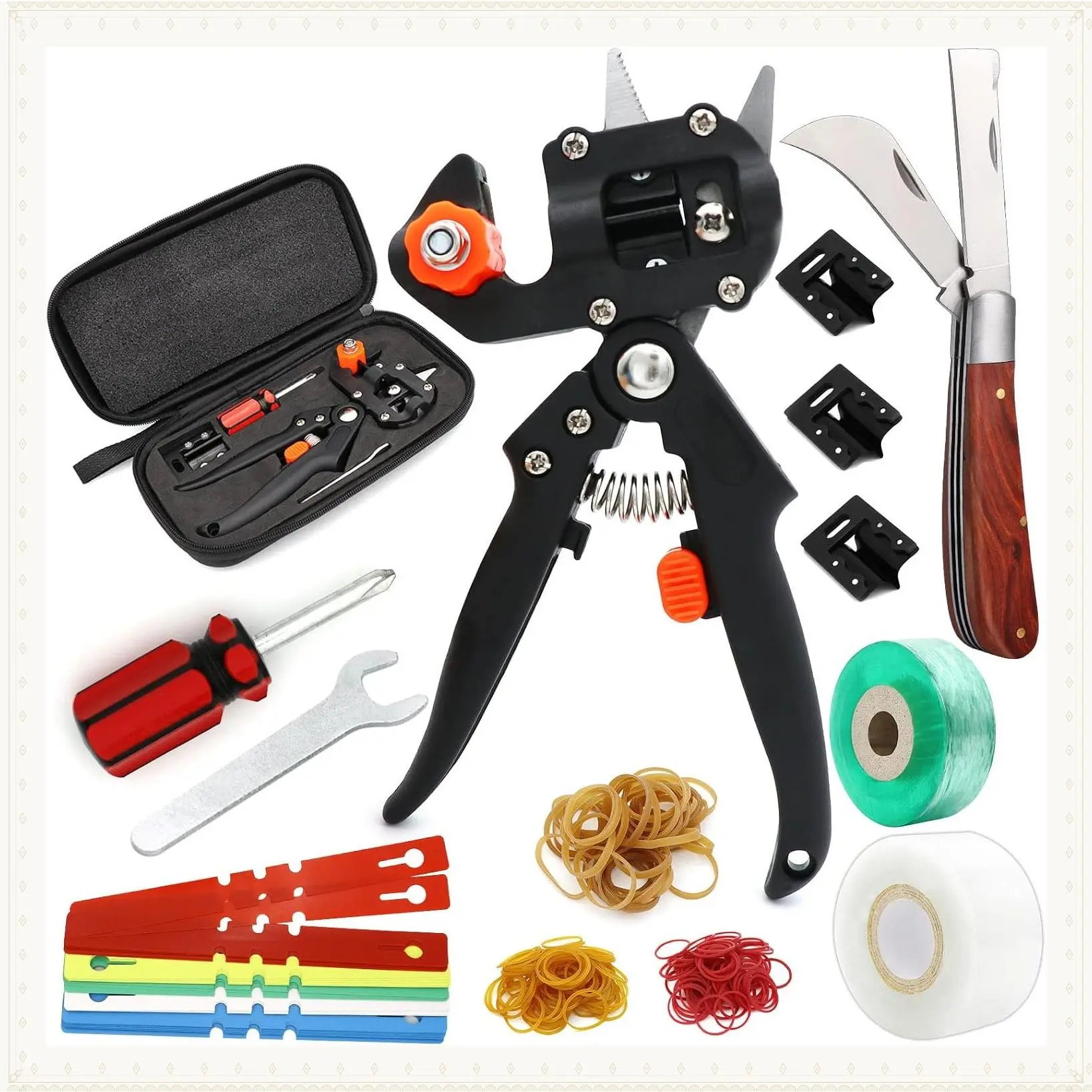 Garden Grafting Tool Kits, 2-in-1 Pruning Tools with Replacement Blades, Grafting Tapes, Rubber Bands & Labels for Fruit Tree, Branch & Vine CuttingGift