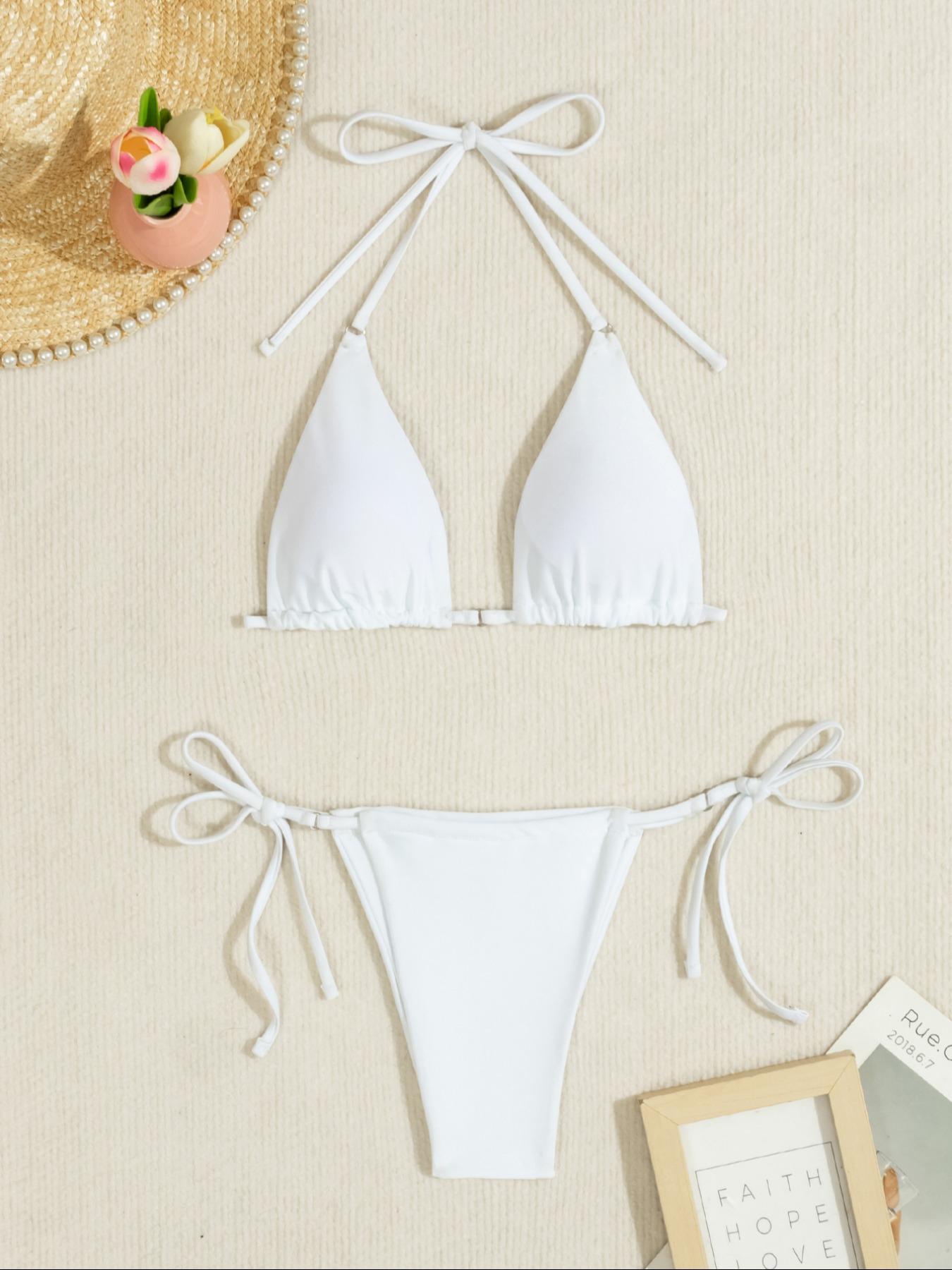 Mix & Match Sizing Solid Bikini Top/bottoms Bikini Set, Casual Halter Neck Backless Triangle Swim Top, Tie Side Swim Thong, Women's Summer Swimwear, Bikinis Sets, Bikini Outfits