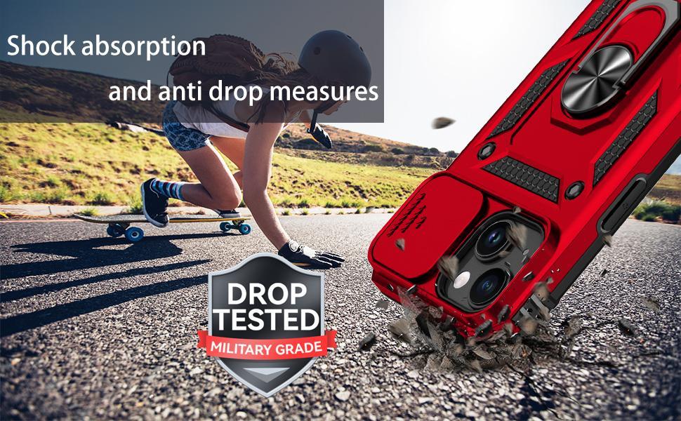 SunStory Compatible with iPhone 15 Case with HD Screen Protector & Slide Camera Cover & Rotated Ring Kickstand, [Military-Grade] Phone Case for iPhone 15,Red