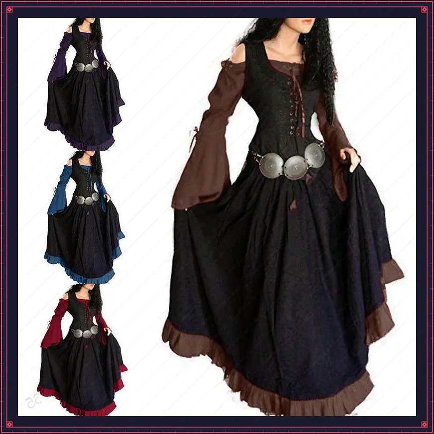 European and American Medieval Court Retro Slim Fit Off-Shoulder Tie Large Swing Dress with Patchwork Flare SleevesGift