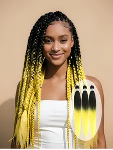 26-inch Pre-stretched Braiding Hair, Lemon Yellow Ombre Crochet Braids. Made from low-temperature flame-retardant synthetic fiber with a Yaki texture. Supports hot water setting. Perfect for women's daily and holiday braiding styles. (3 packs/bundle)